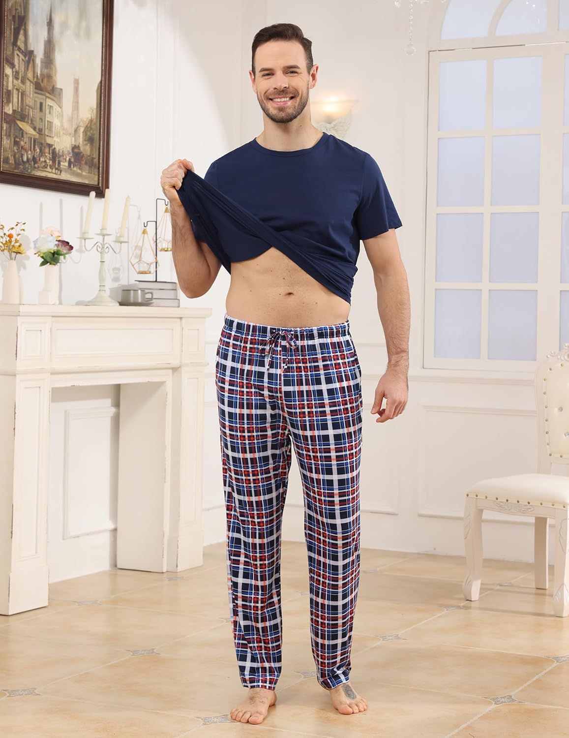 Thumbnail 1 de TeJoyce Men's Pyjamas Set: Cotton Short Sleeve Top & Plaid Long Pants (2-Piece) for Lounge and Sleep