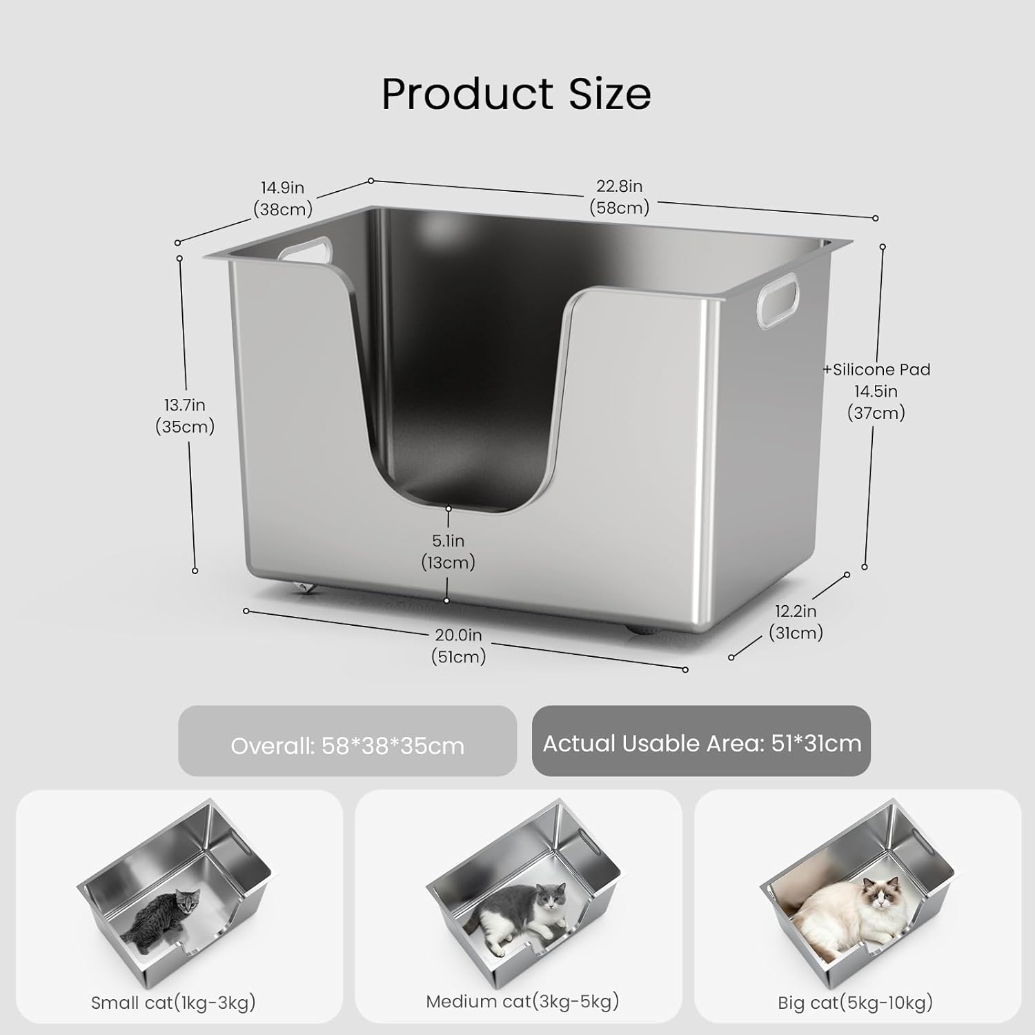 Thumbnail 1 de PTLOM Edelstahl-Katzentoilette XXXL mit niedriger Einstiegskante, 35 cm hohen Rändern (58×38×35 cm) – auslaufsicher & leicht zu reinigen