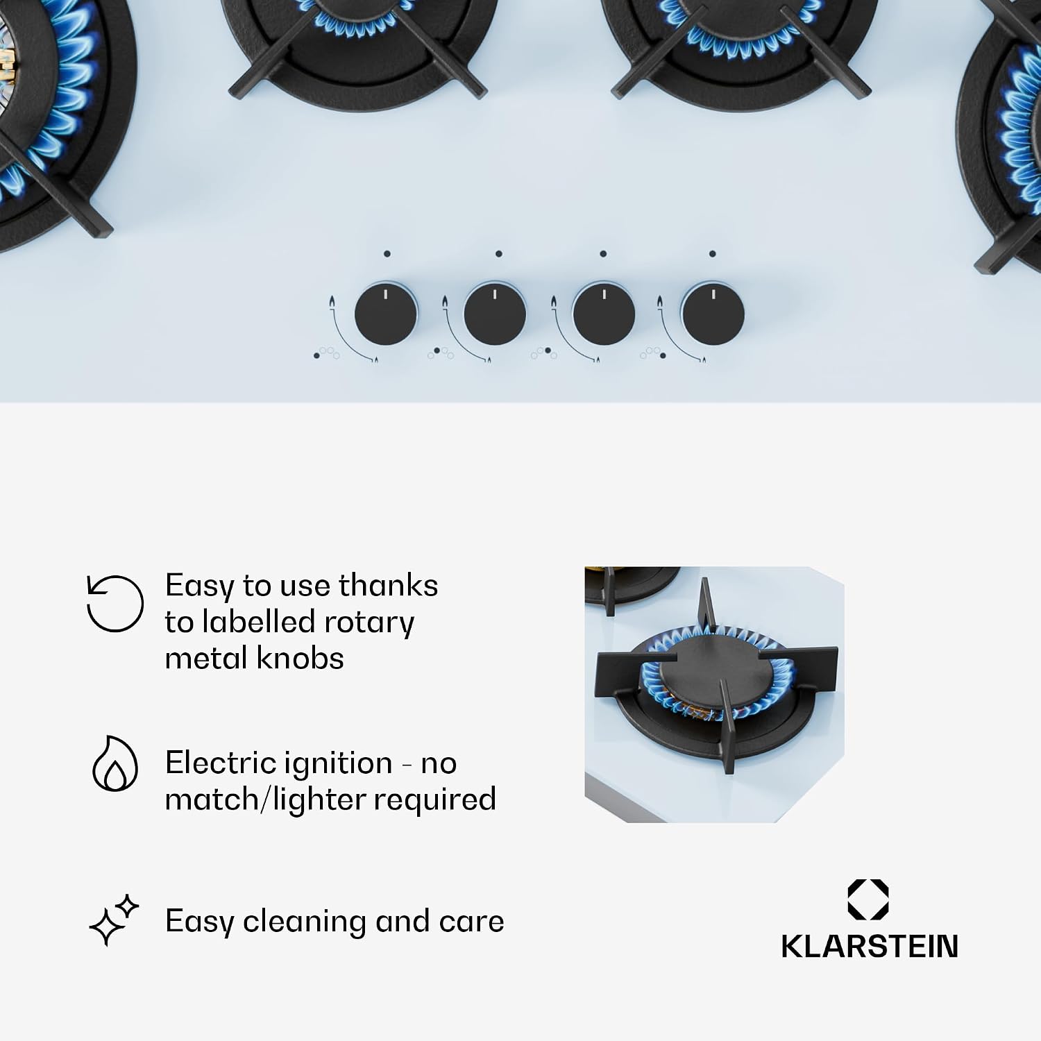 Detalle 1 de Klarstein CP11-KL-GF-90Slm-Wh Goldflame 4 Slim Gas Hob, 90cm, White