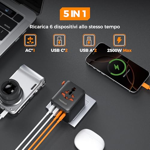 Detalle de TESSAN Adattatore Universale da Viaggio 20W con 2 USB-C e 2 USB-A – 2500W Max