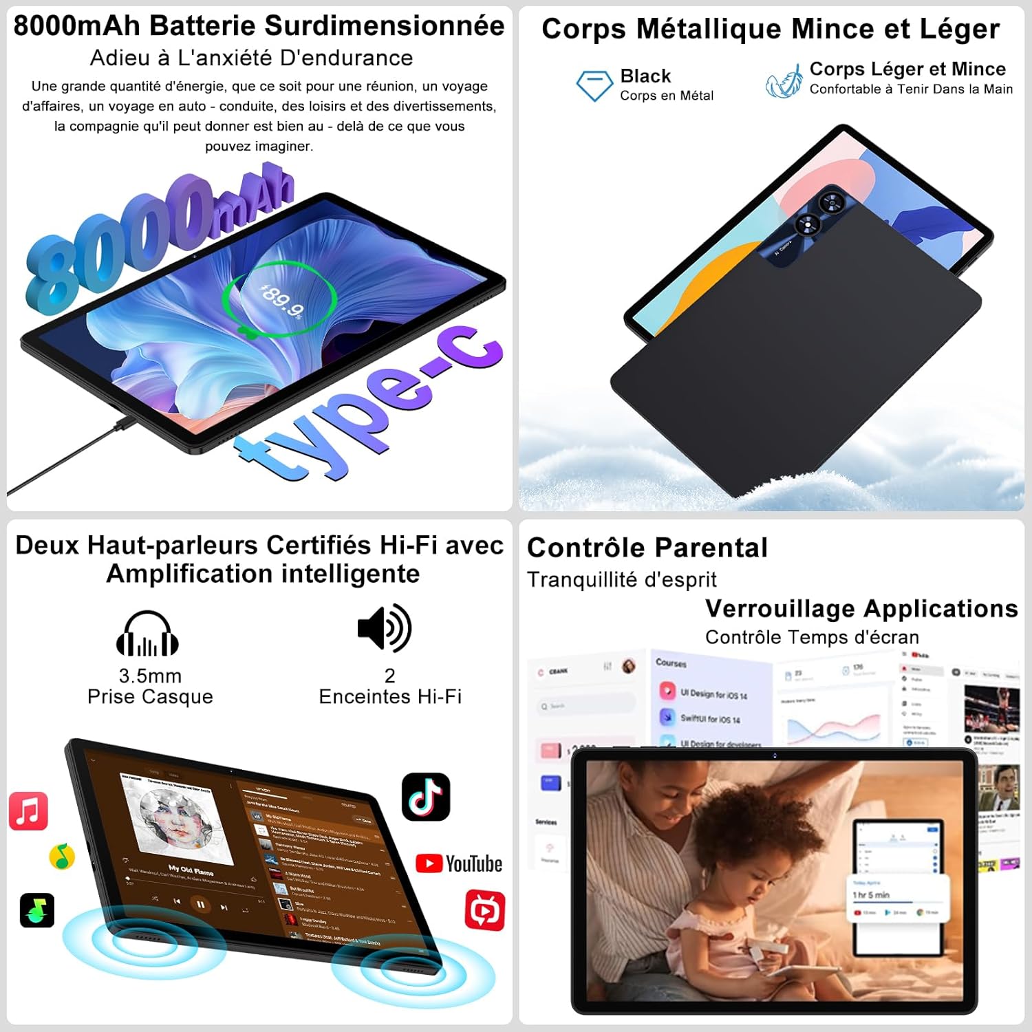 Thumbnail 6 de Nouvelle tablette Android 11 pouces 2026 : 24 Go RAM, 256 Go ROM extensible (jusqu’à 2 To) avec 5G WiFi 6, Widevine L1