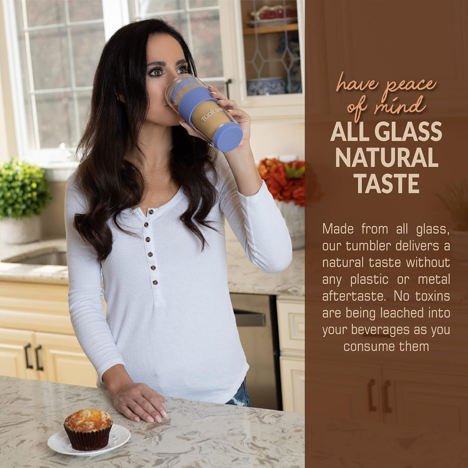 Thumbnail 3 de Tupkee 14 oz Double-Wall Glass Travel Cup with Hand-Blown Borosilicate, Lid & Silicone Sleeve (Jacaranda)