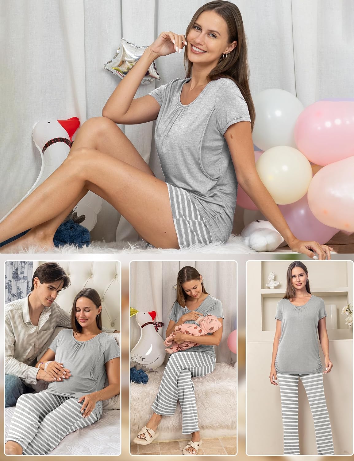 Detalle de SUNNYBUY 3-teiliges Stillpyjama-Set für Damen – Kurzarm-Stillshirts, Umstandsshorts und Bauch-Hose
