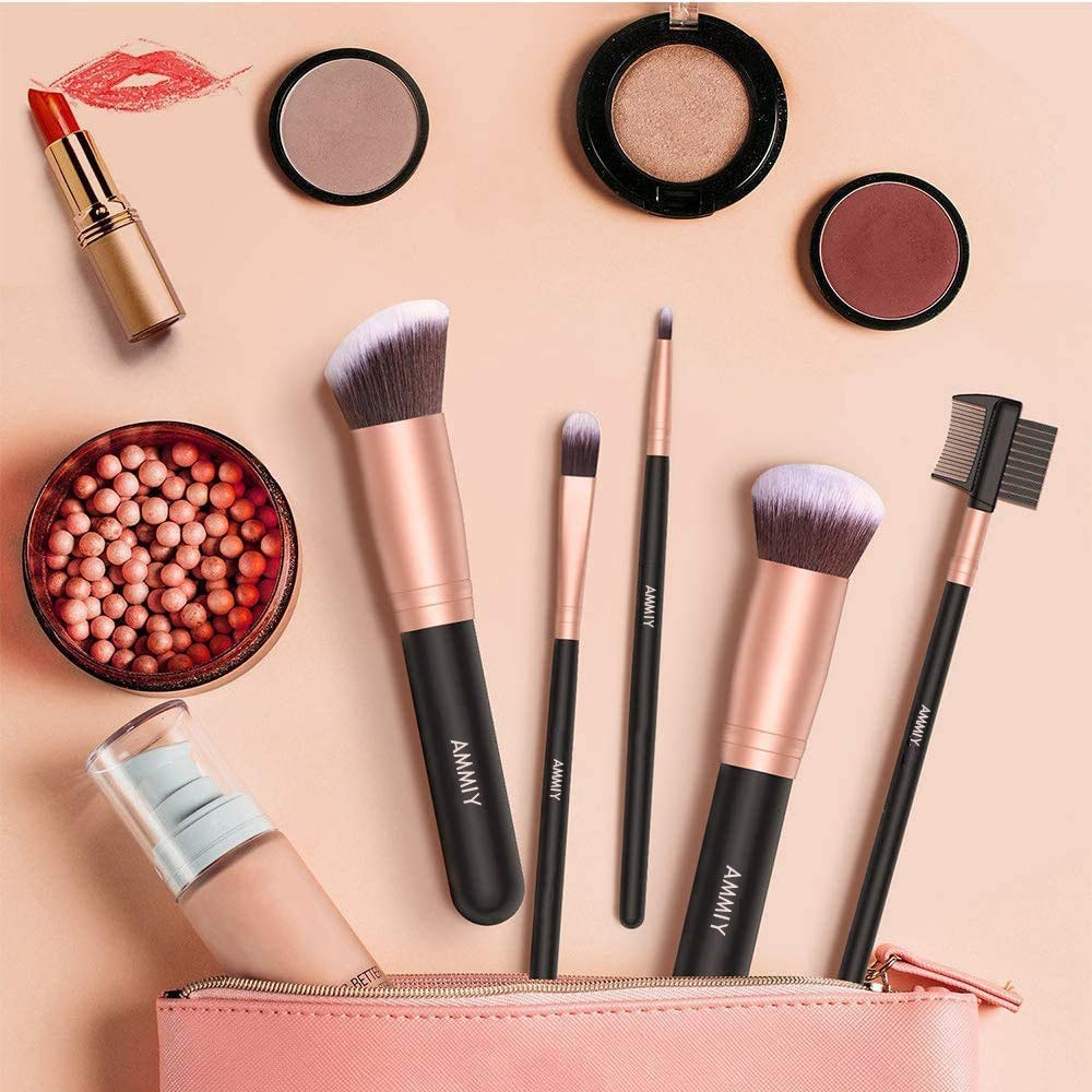 Detalle de AMMIY 18‑teiliges Premium Make-up Pinsel-Set – Holzhandle, Rose Gold, synthetische Pinsel für Foundation, Puder, Concealer, Rouge und Lidschatten