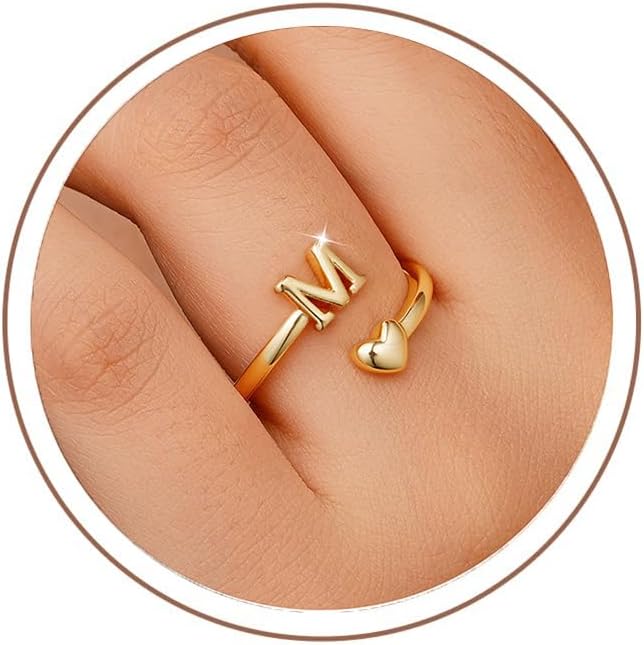 Detalle de TINGN Ring Gold Damen Mädchen – 14K Goldvergoldet, Wasserfest, Herz-Buchstaben-Ringe