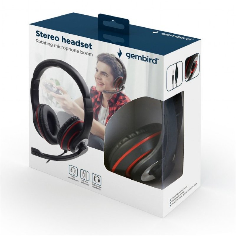 Detalle 2 de Gembird Auriculares Estéreo con Micrófono Negro/Rojo – Diadema, con cable 1,8 m y conector 3,5 mm