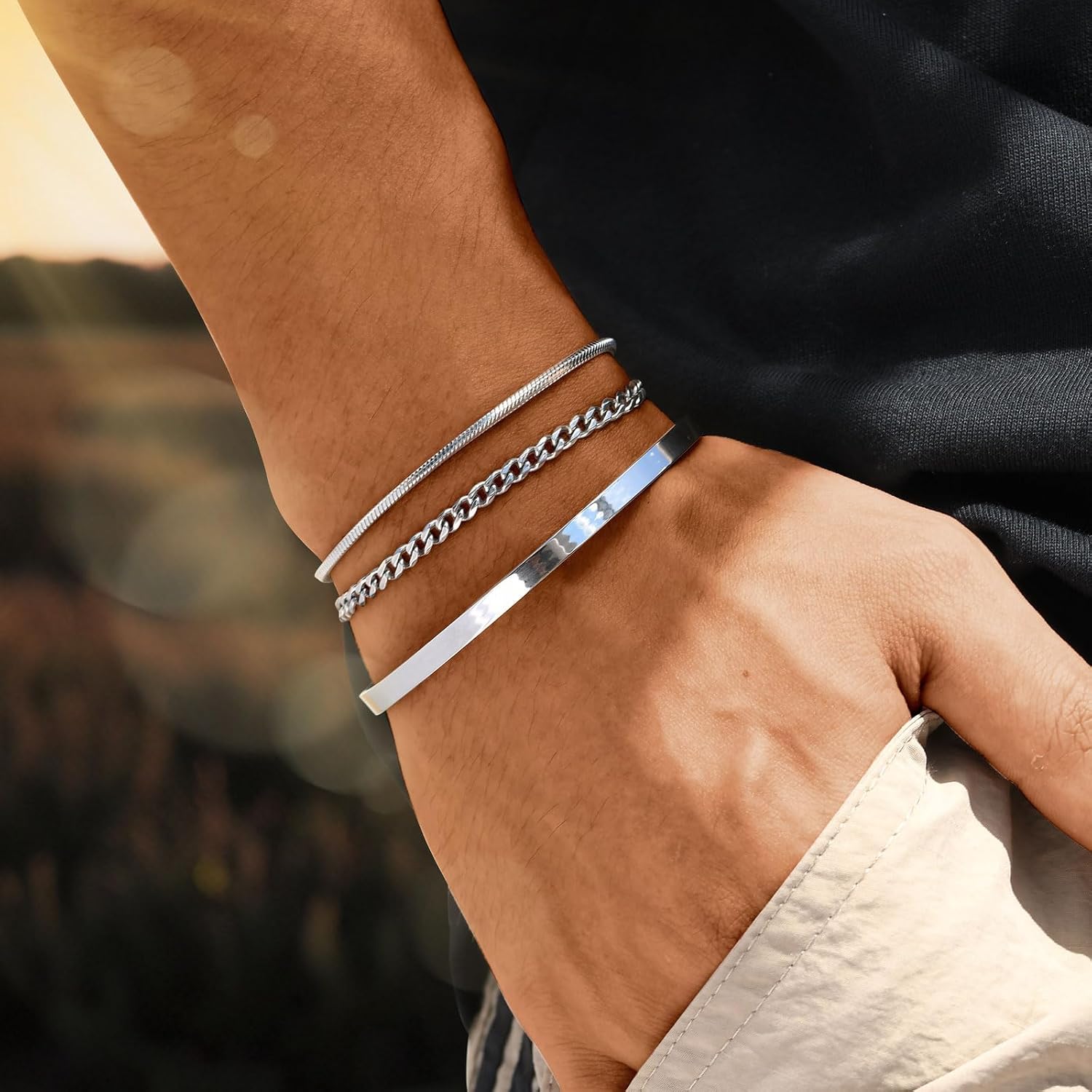 Detalle 2 de Halora Silber Armband Herren 3er Set Edelstahl