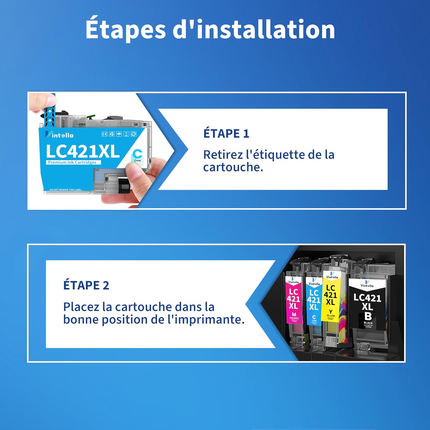 Detalle de Vintella LC421XL Pack de 4 cartouches d’encre compatibles Brother (LC421/LC421XL) – Noir et couleurs