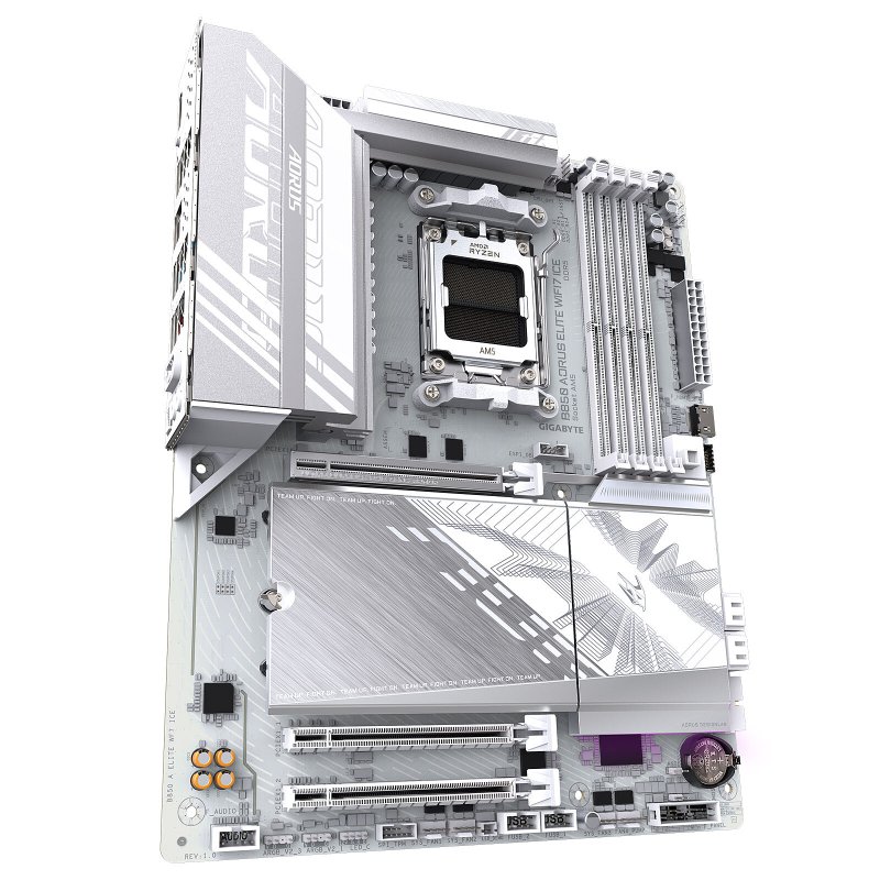 Detalle de Gigabyte B850 AORUS ELITE WIFI7 ICE: placa base AMD AM5 orientada a juego y contenido