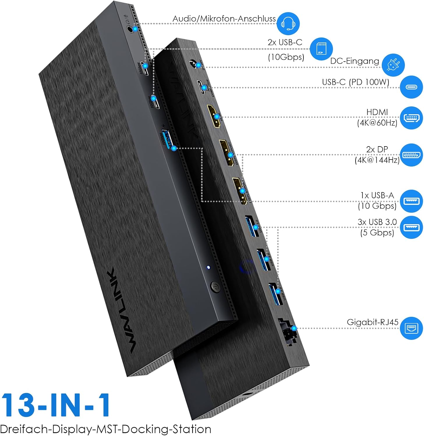 Detalle 2 de WAVLINK USB-C Docking Station für 3 Monitore mit 2× DP + HDMI, 4K bis 144 Hz und 130-W-PD-Ladegerät