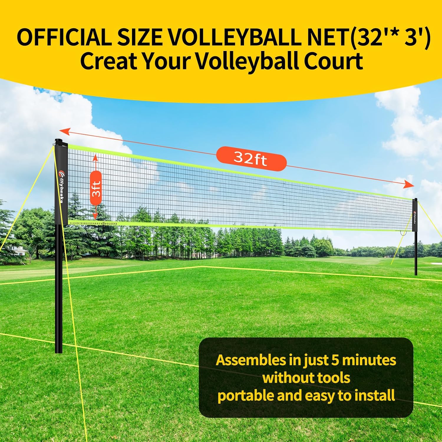 Detalle de Portable Outdoor Volleyball Net Set: 20 ft or 32 ft with 4 Adjustable Heights