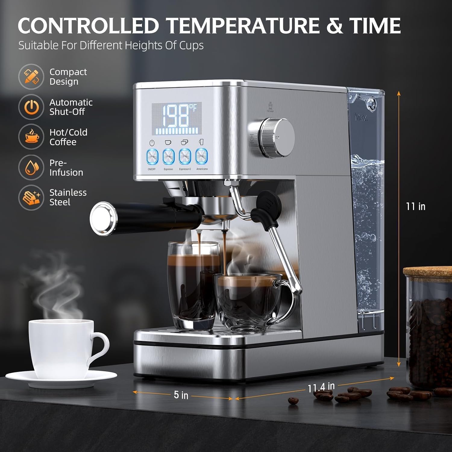 Detalle 2 de Parvusli EM626 Espresso Machine, 20-Bar Pump, Cold Brew Mode and PID Control