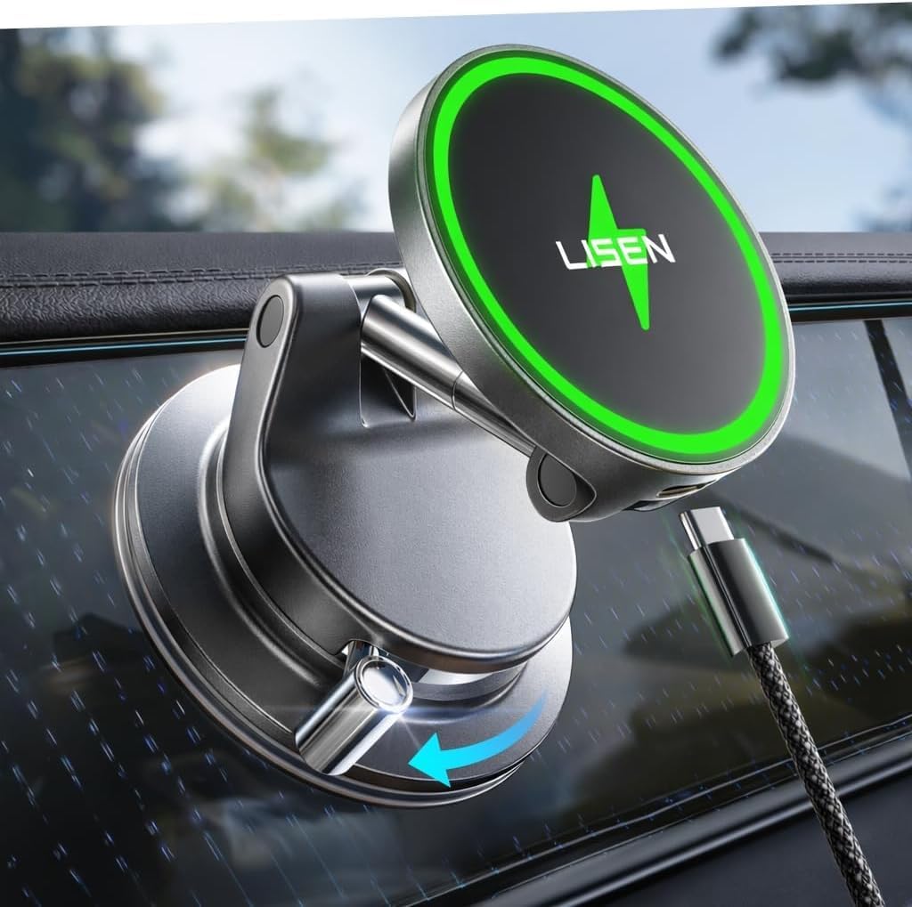 Detalle de LISEN Handyhalterung Auto mit Ladefunktion – MagSafe Halterung mit Vakuumbasis, Qi2.2 25W & 24 N52 Magnete