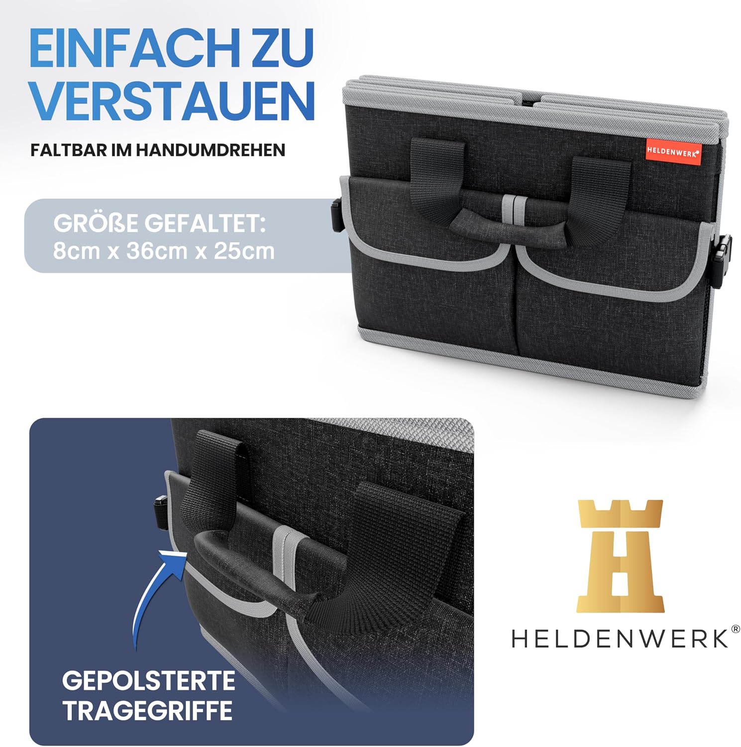 Detalle de HELDENWERK Premium Kofferraum-Organizer mit Deckel, faltbar und rutschfest