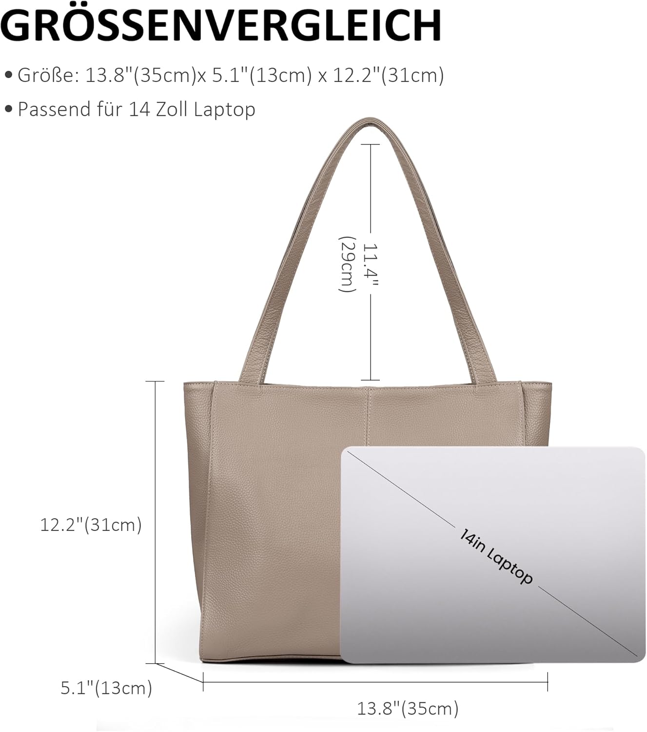 Thumbnail 4 de befen Echtleder Shopper-Tasche für Damen mit 14-Zoll-Laptopfach (Groß, Reißverschluss)