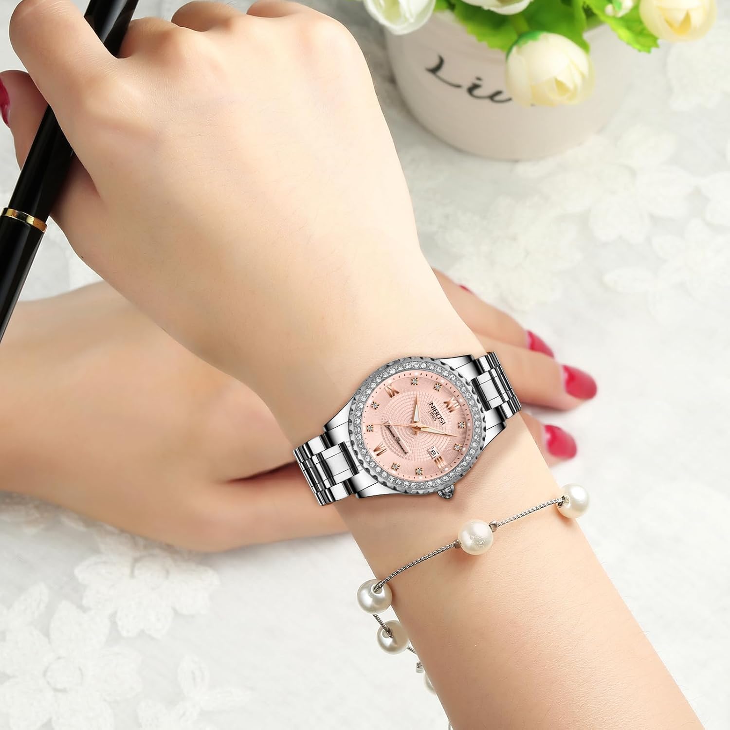 Thumbnail 4 de NIBOSI Armbanduhr für Damen mit Quarzwerk, Mineralglas & Roségold-Diamant-Zifferblatt