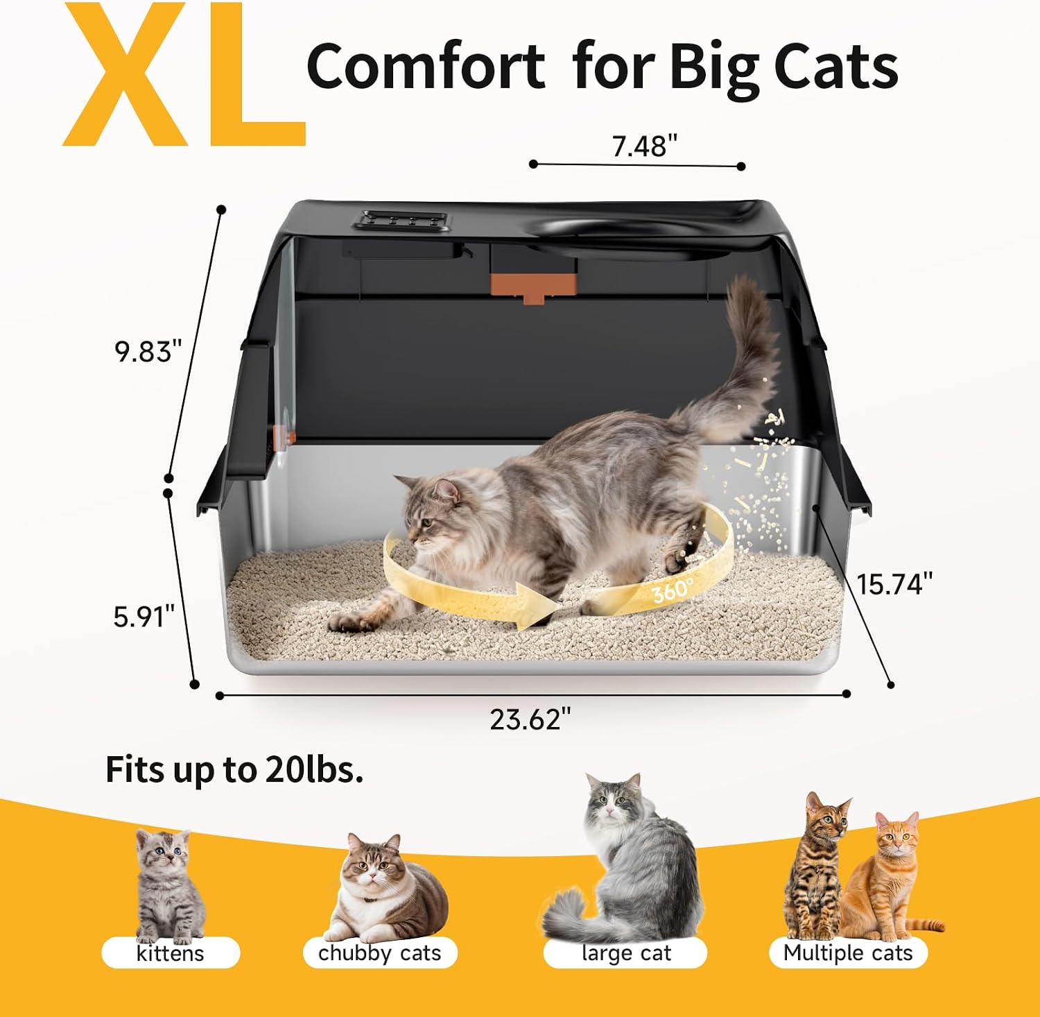 Detalle 2 de Tevila Black-1Pack XL Enclosed Stainless Steel Cat Litter Box with Scoop & Mat