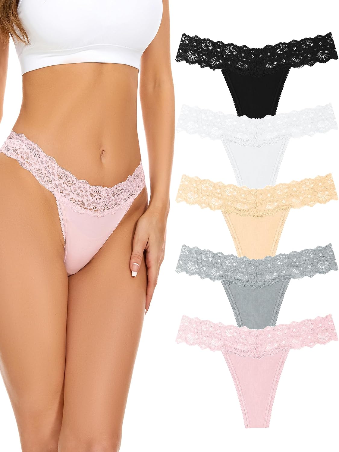 Detalle de VOENXE 5-pack kanten damesstrings, naadloos en discreet onder kleding
