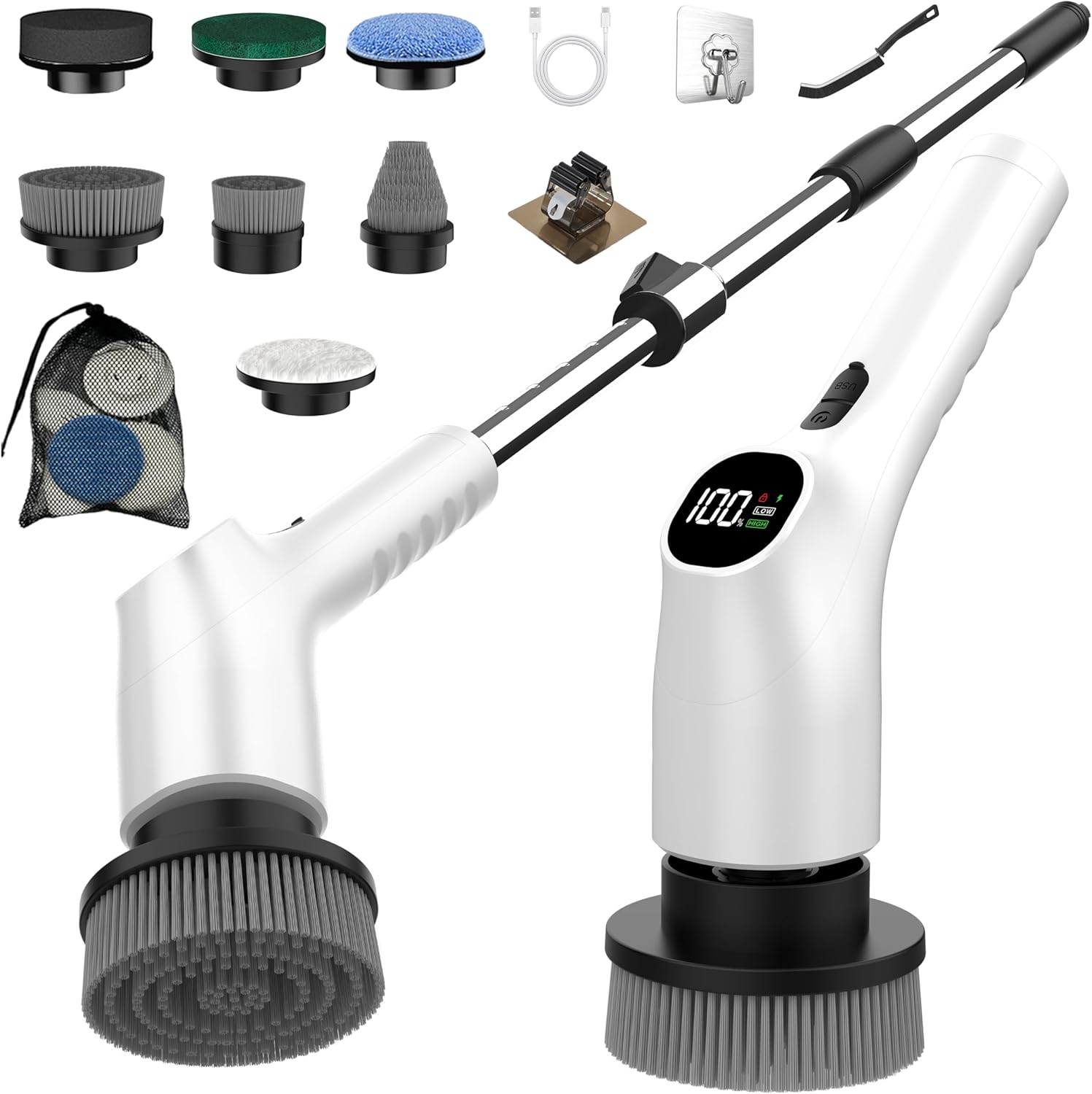 Detalle de Vicmayun Elektrische Reinigungsbürste mit 7 Wechselbürsten, IPX7 & verstellbarem Griff (30–120 cm)