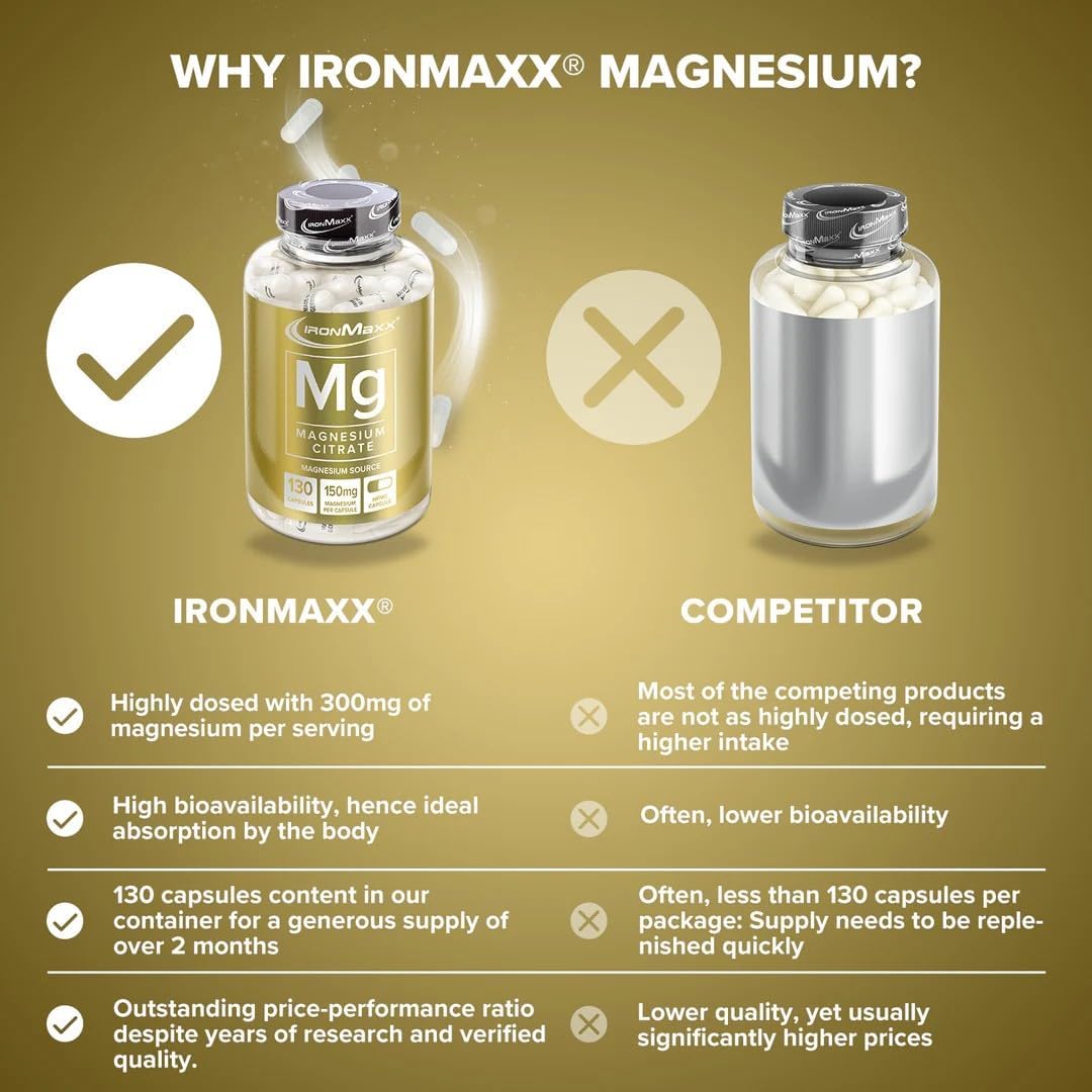 Detalle de IronMaxx Magnesium – Hochwertiges Magnesium in 130 Kapseln (ohne Rindergelatine)