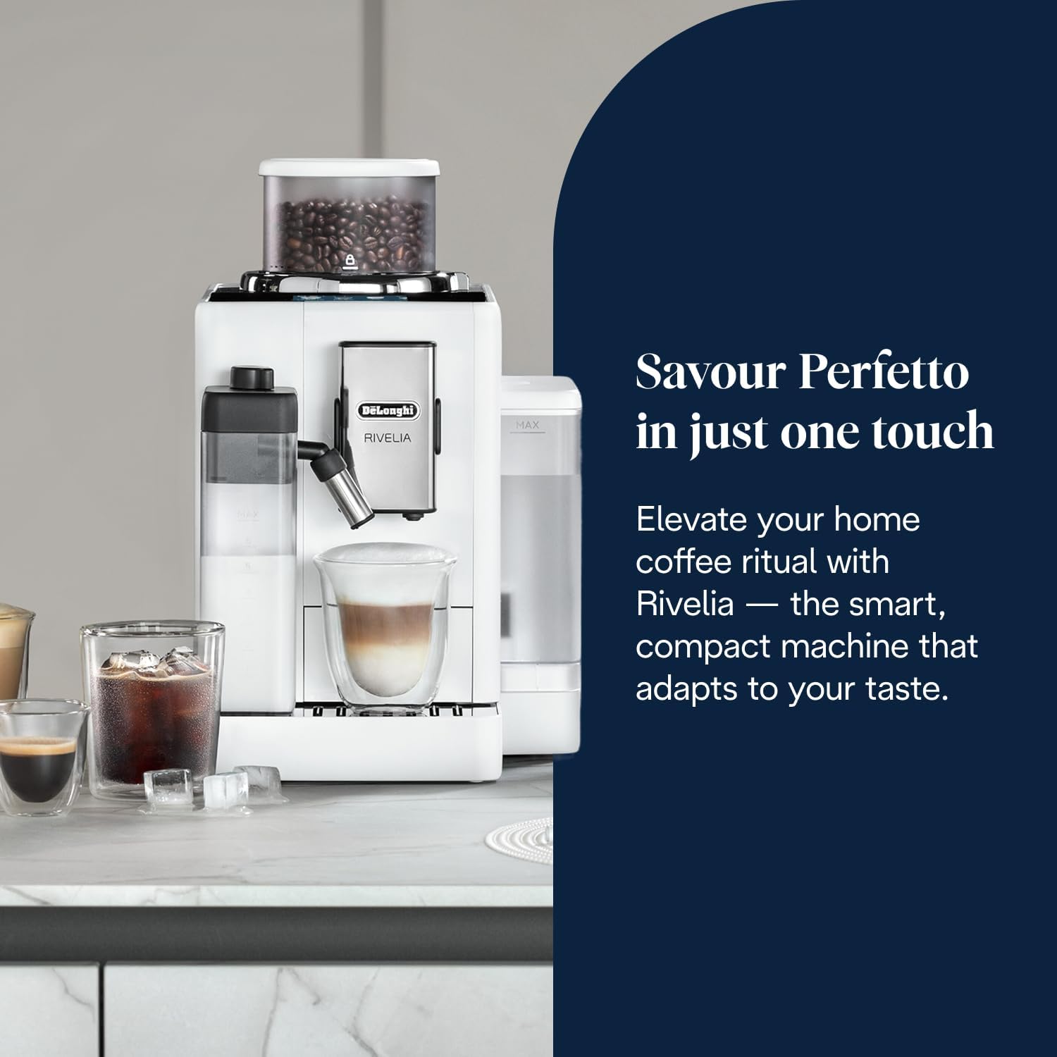 Detalle 2 de De'Longhi RIVELIA EXAM440.55.W: Fully Automatic Espresso Machine with LatteCrema, 22+ Beverages and Twin Bean Hoppers (UK edition)