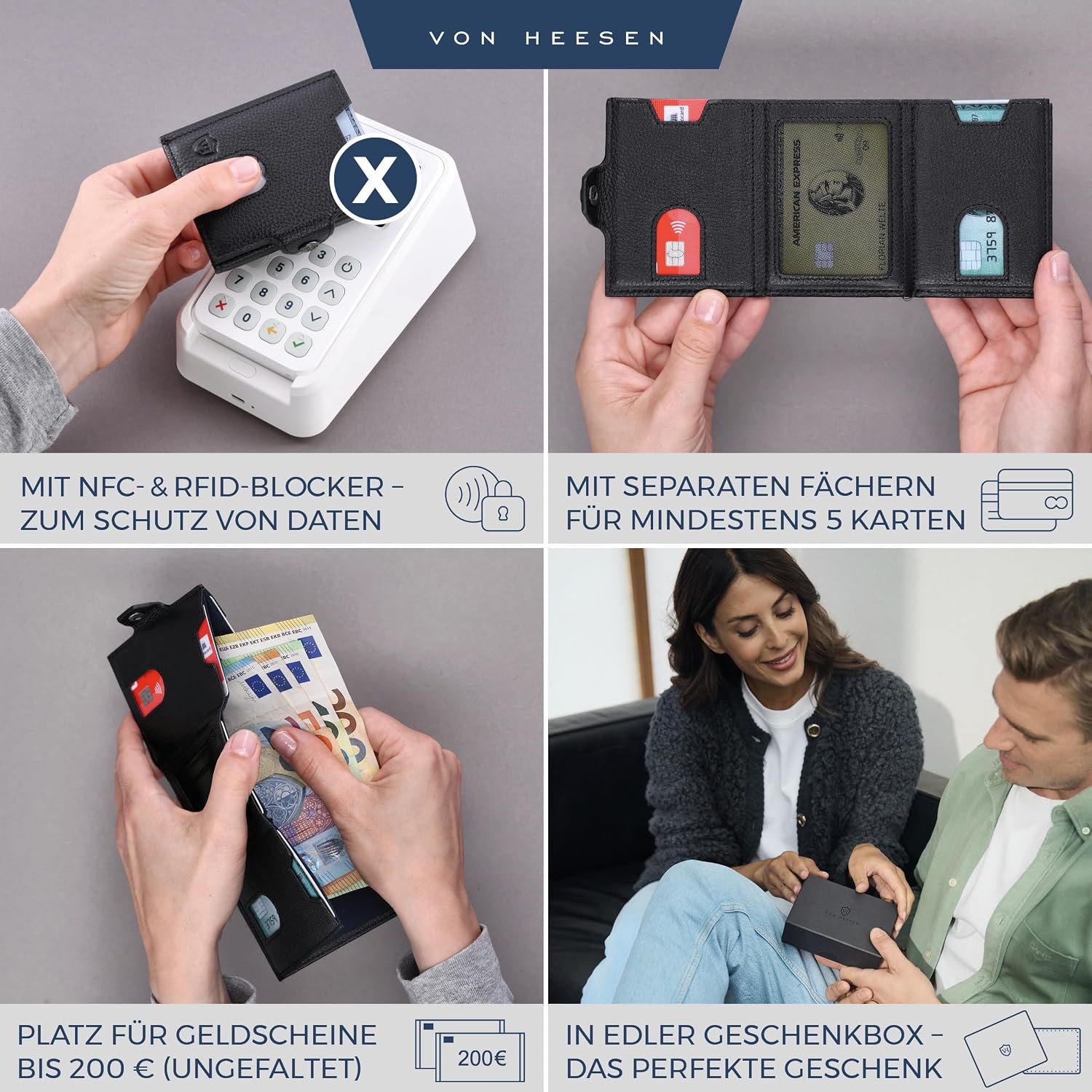 Detalle de VON HEESEN Slim Wallet mit Münzfach & RFID Schutz — Kleine Geldbörse aus Echtleder
