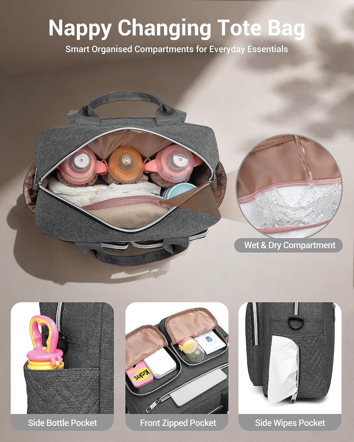 Detalle de Kono Baby Changing Bag: Multifunction Nappy Bag with Insulated Pockets and Stroller Straps