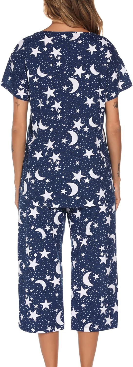 Detalle 2 de ENJOYNIGHT Women’s Cotton Pajama Set (Short-Sleeve V-Neck Top + Capri Pants)