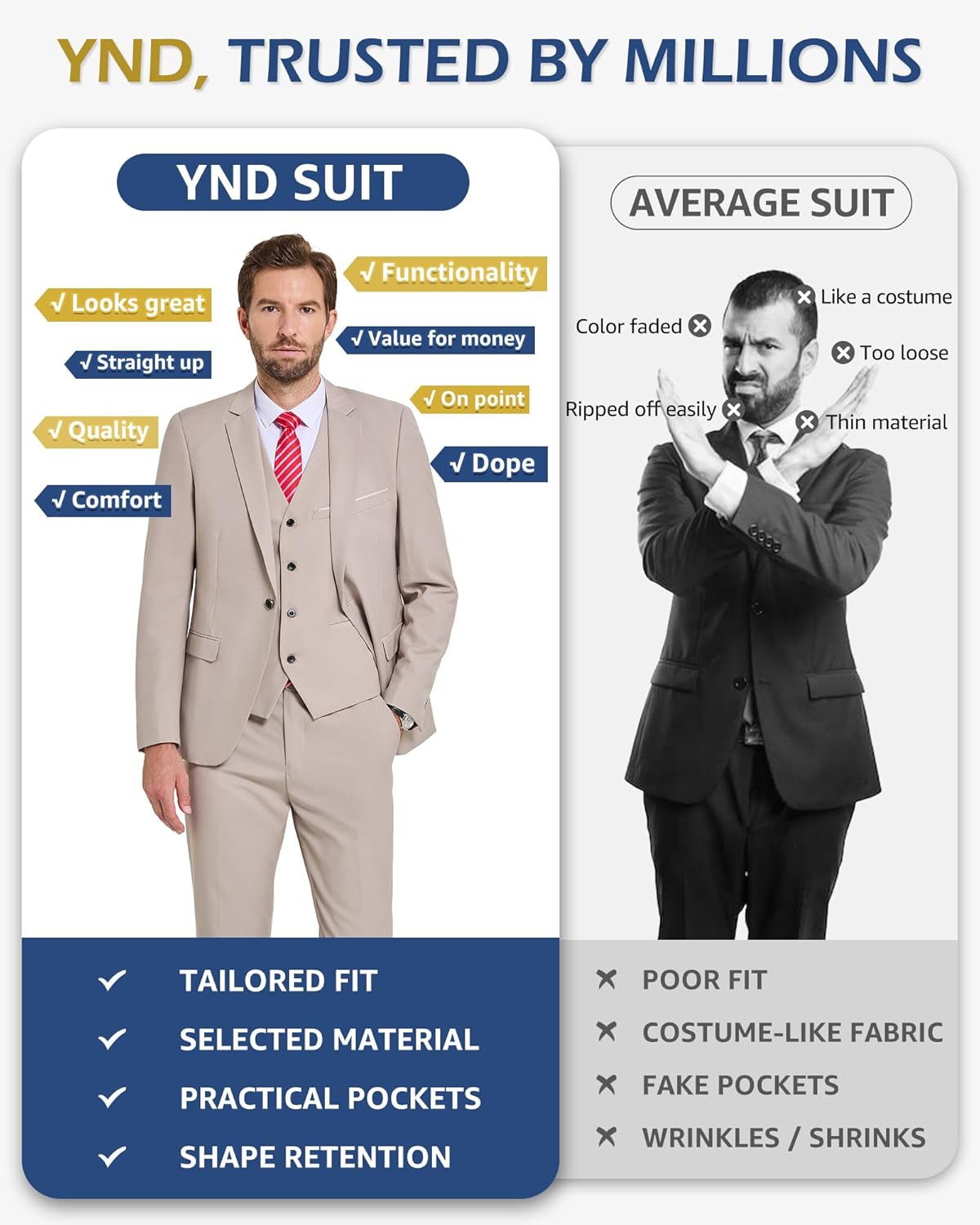 Thumbnail 4 de YND Men’s Slim Fit 3-Piece Suit Set (One-Button Blazer, Vest, Pants) with Matching Tie