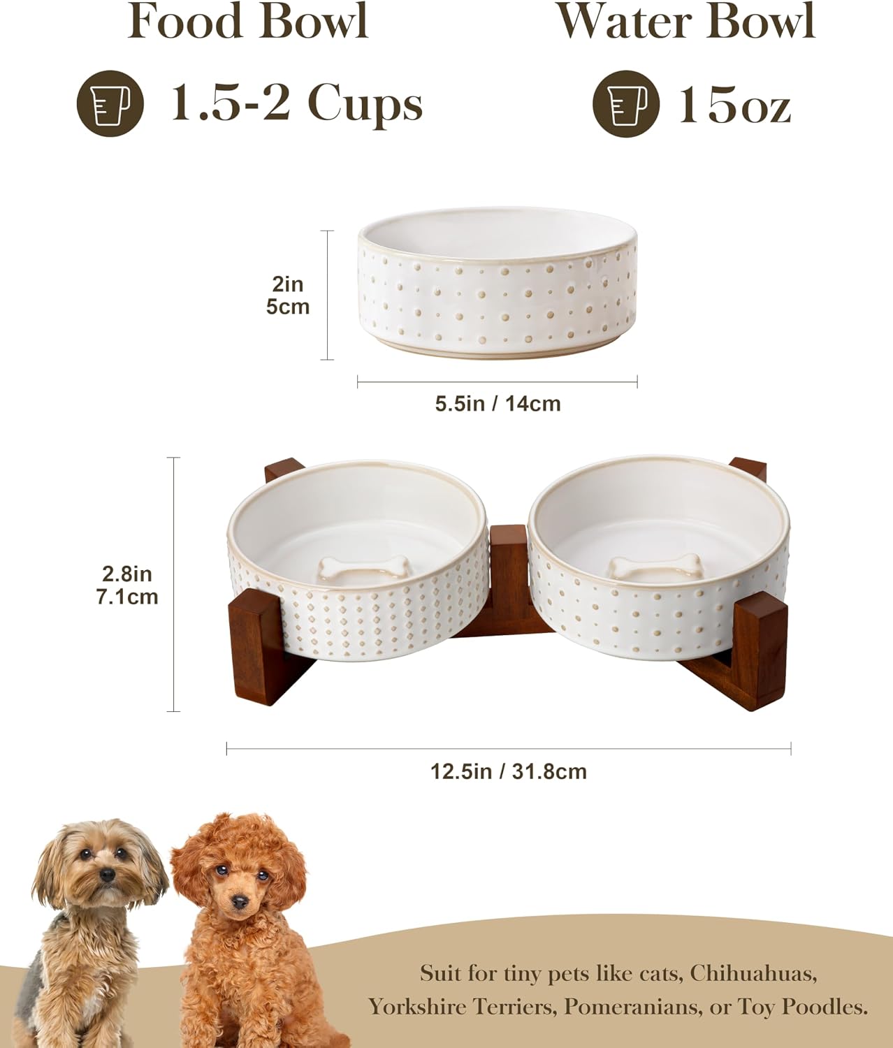 Detalle 2 de MALACASA LYDIA Ceramic Pet Bowl Set with Walnut Wood Stand, Non-Slip Base