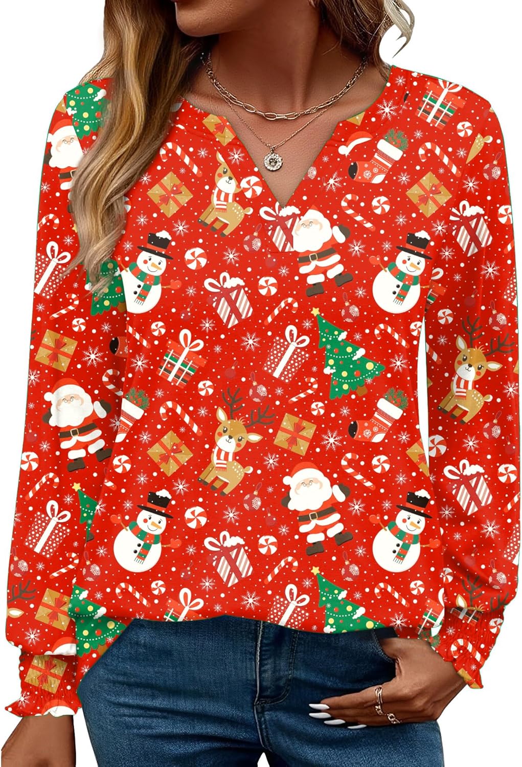 Thumbnail 6 de Rapbin Damen Bluse Langarm mit V-Ausschnitt und Lotusmanschetten – elegant-lässig für Herbst