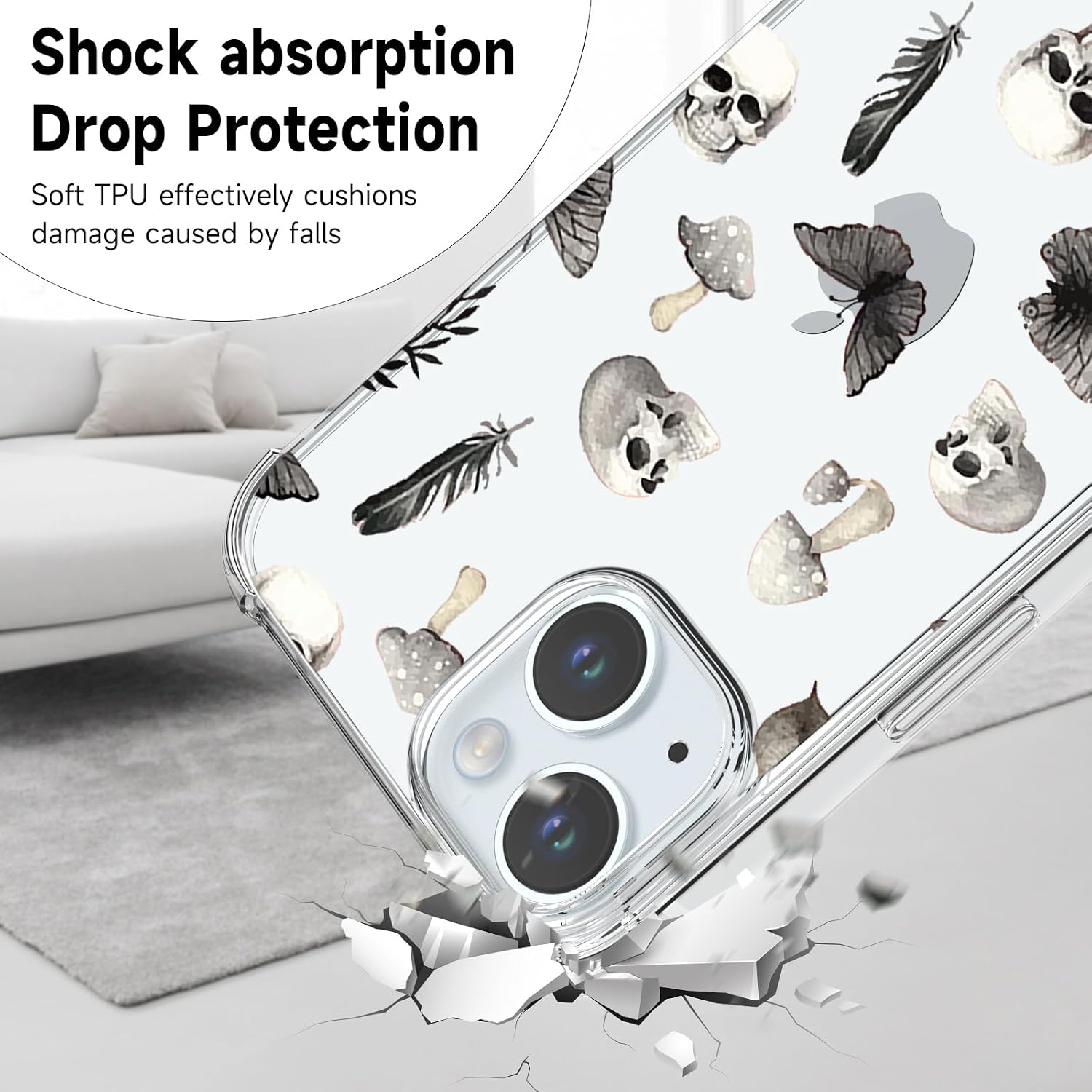Detalle 2 de CAROKI Clear TPU iPhone 15 Case with Black Skull Pattern