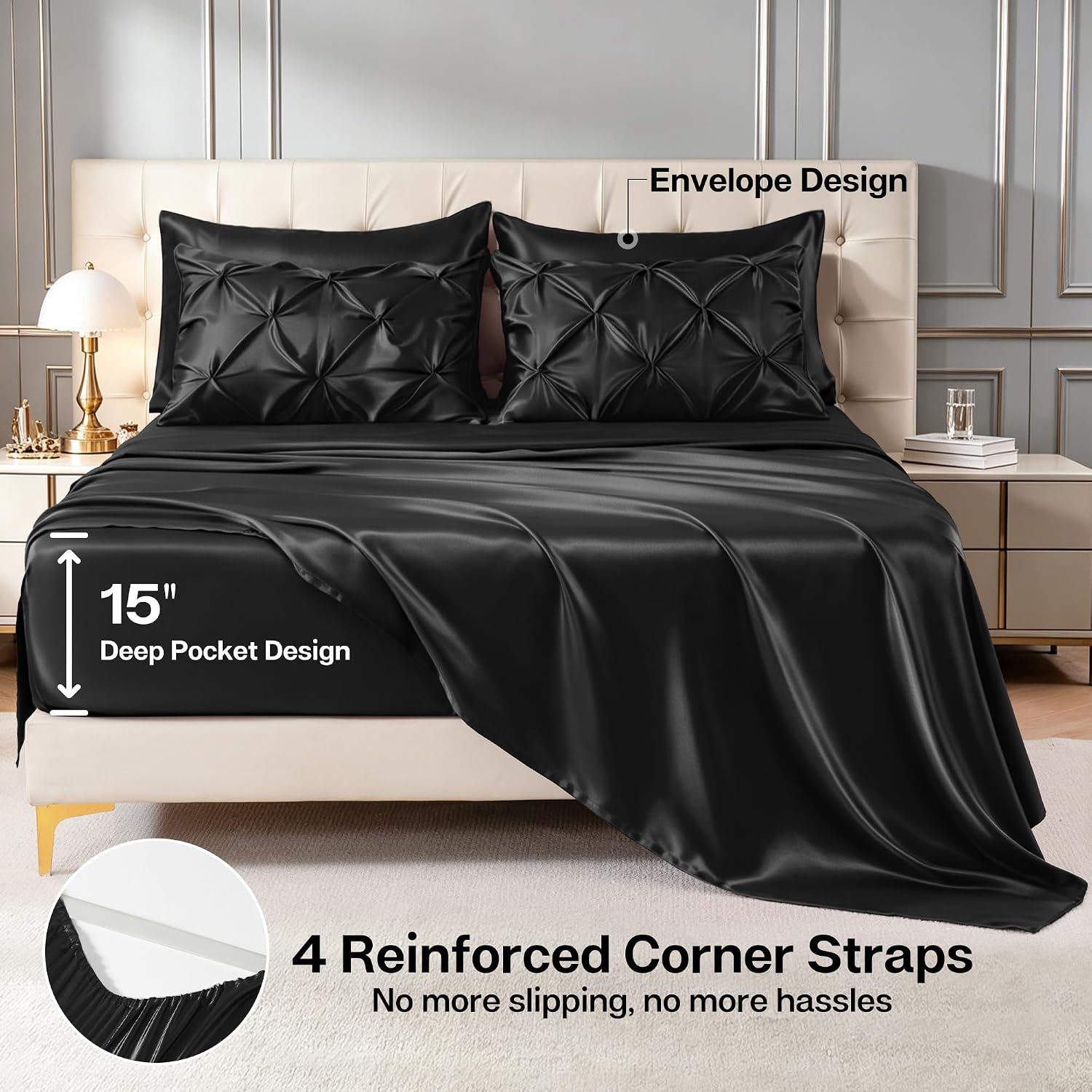 Thumbnail 4 de MR&HM Twin XL Satin Comforter Set, Black, 5-Piece Pintuck Bedding