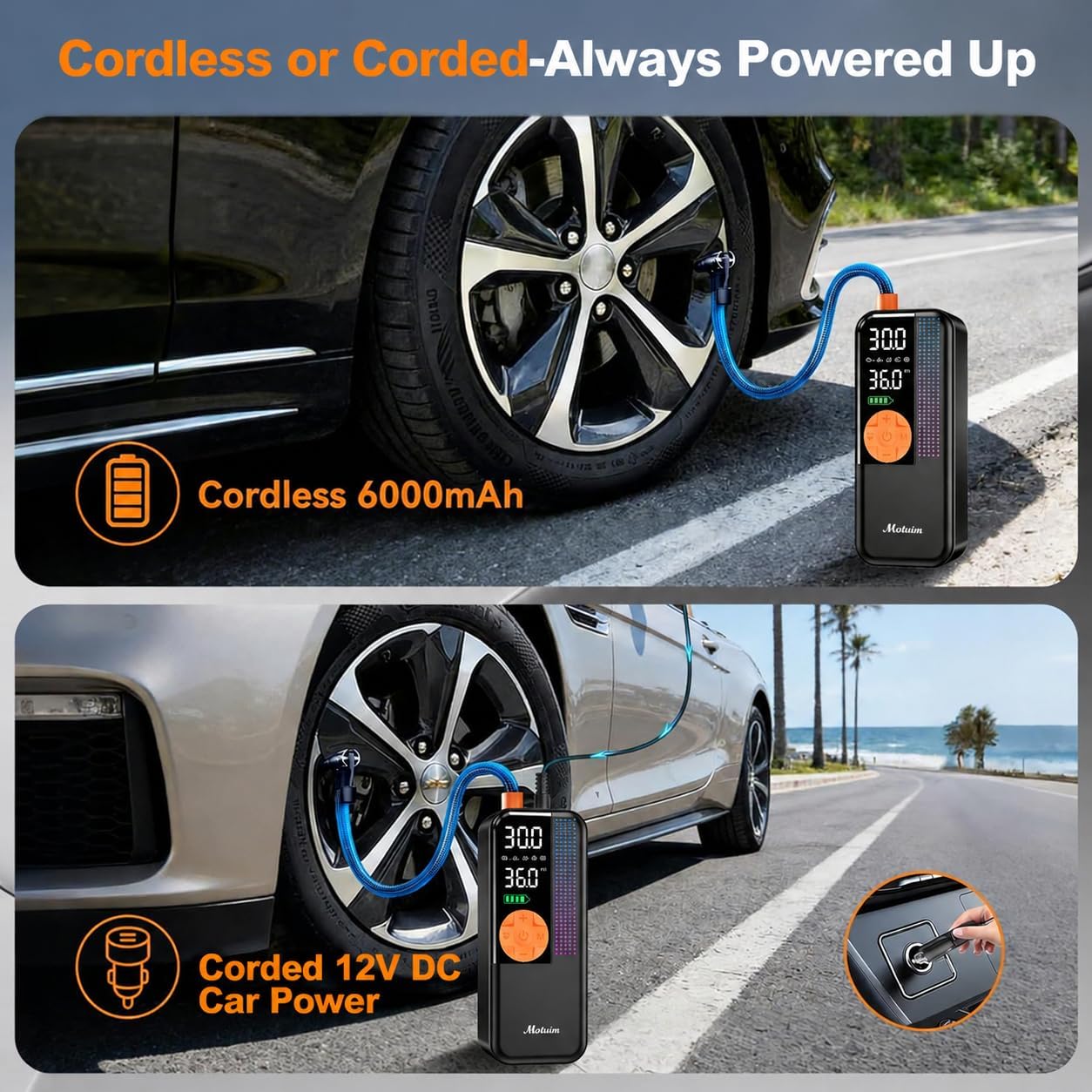 Thumbnail 3 de Motuim Cordless Car Tyre Inflator Air Compressor with 150 PSI, 6000mAh Battery and Auto Shut-Off