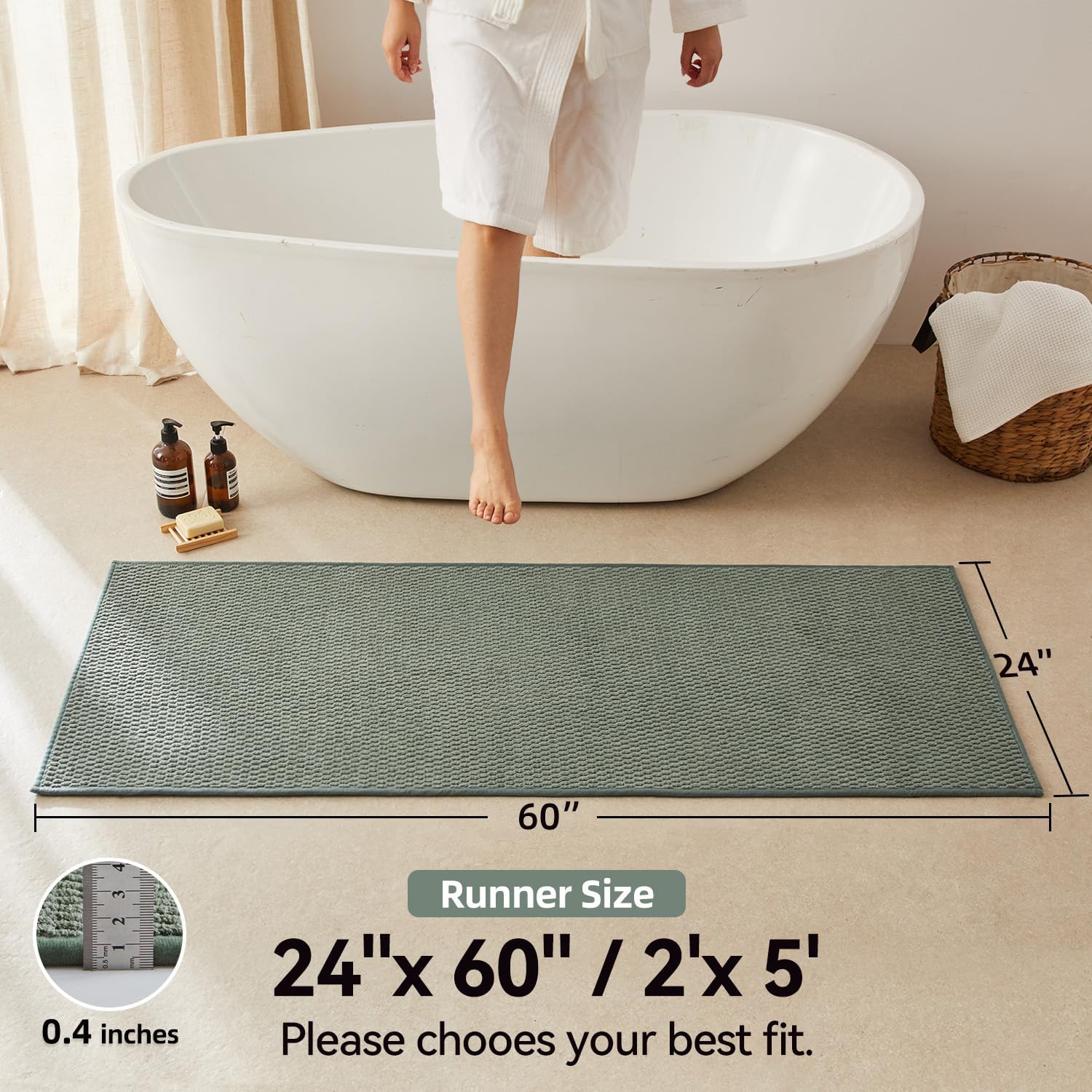 Thumbnail 1 de Triohero 24 x 60 Bathroom Runner Rug, Sage Green, Washable Low-Pile Design