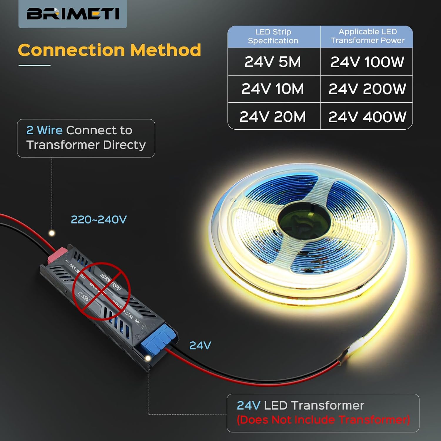 Thumbnail 2 de BRIMETI 24V-10M-8MM COB-ledstrip, 10 m, warm wit 3000K