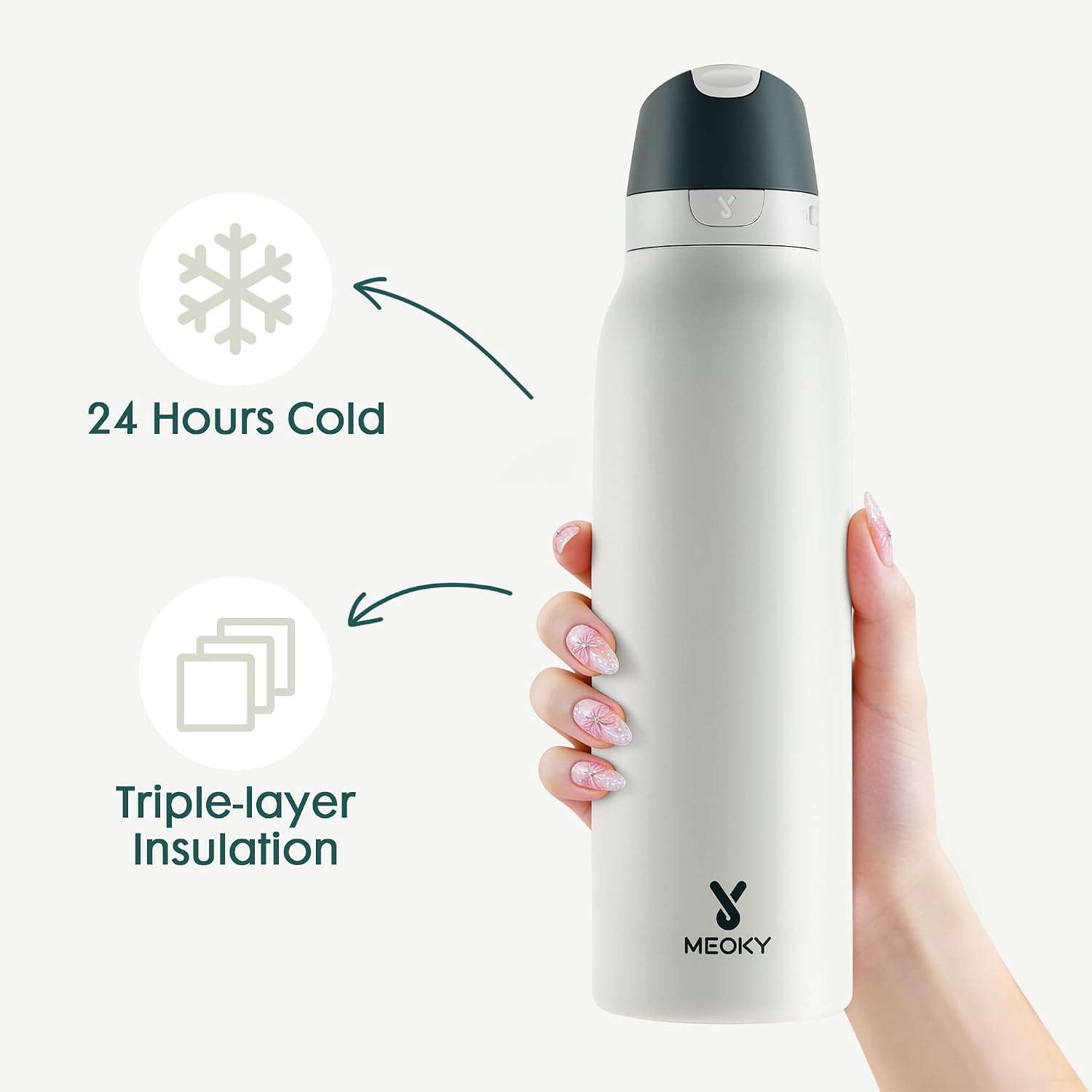 Thumbnail 1 de Meoky iwbl-24oz1p-LG Insulated Stainless Steel Water Bottle, 2-in-1 Lid
