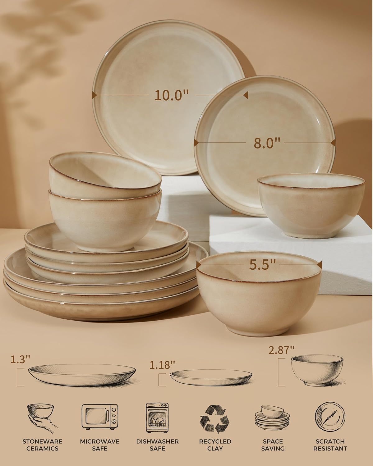 Detalle 2 de Pokini 24-Piece Dinnerware Set for 8: Modern Stoneware in Mocha Beige