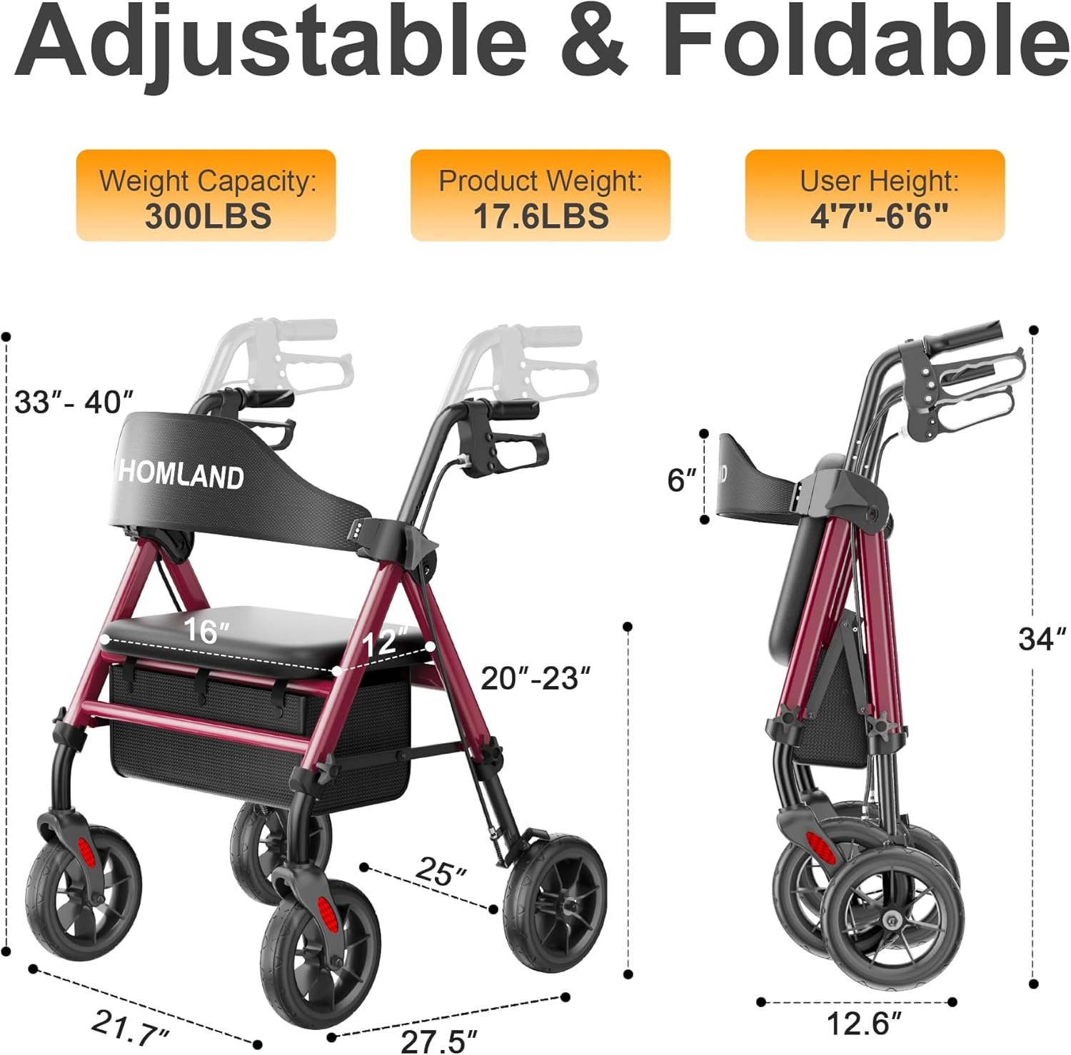 Thumbnail 4 de HOMLAND Foldable Rollator Walker 8" wheels 🚶