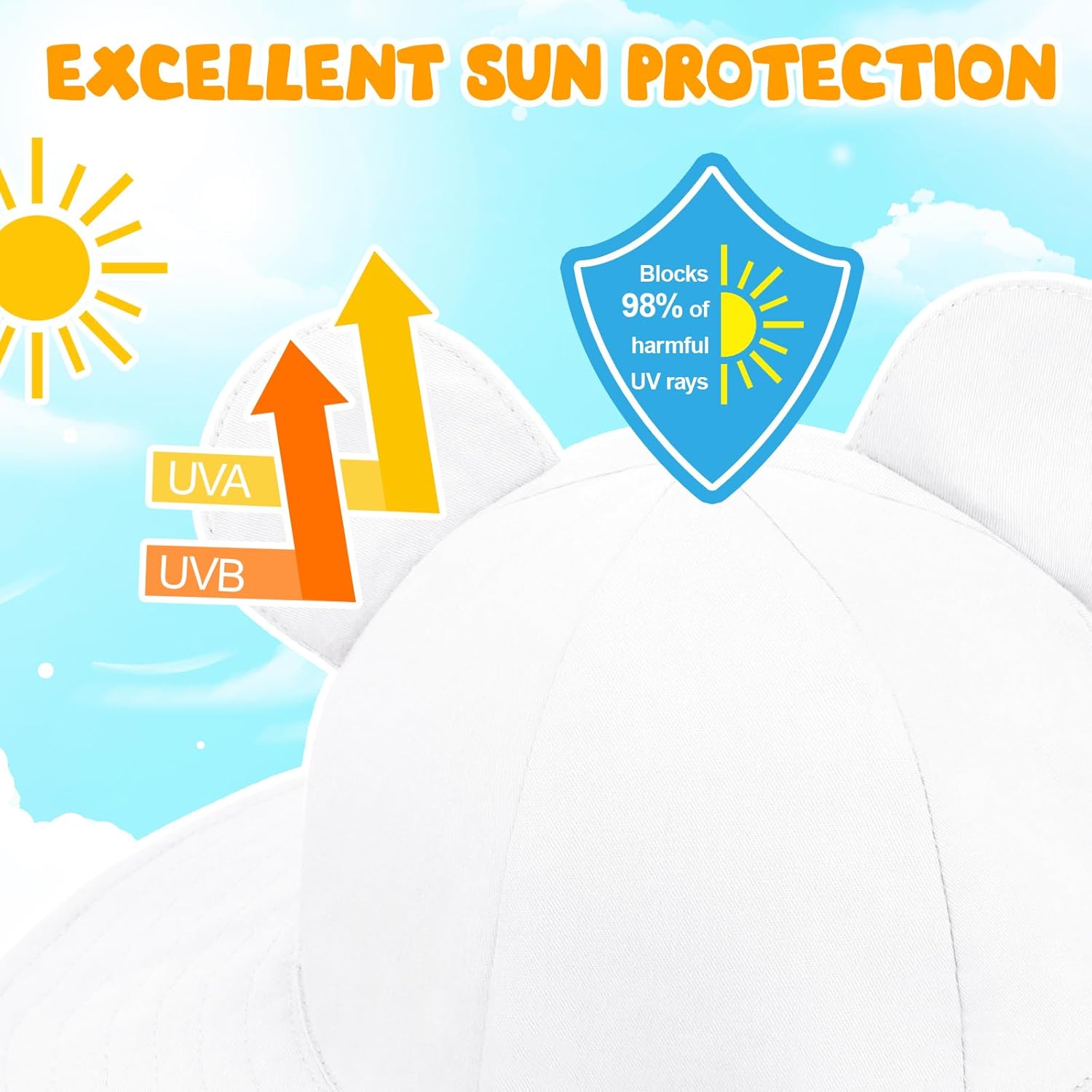 Detalle de DRESHOW Baby Sun Hat with Bear Ears — UPF 50+ Toddler Beach Cap in Cotton, Unisex, with Chin Strap