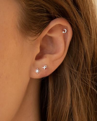 Detalle de HANLI 3Pairs 925 Sterling Silver Star Moon Flat Back Earrings for Women Stud Set