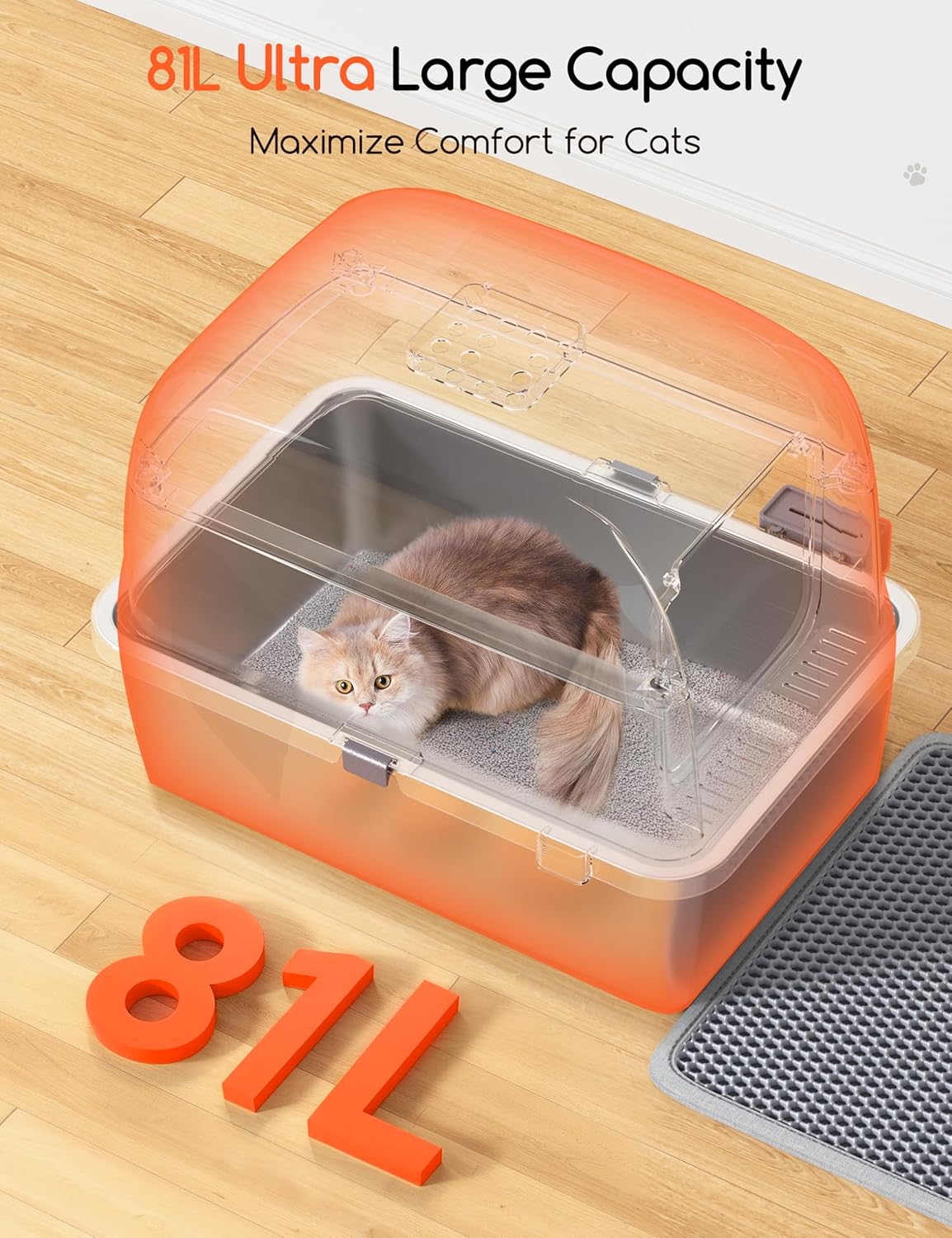 Detalle de MeoWant litière XXL fermée en acier inoxydable (forme en U) avec bac amovible, pédale, pelle et tapis antidérapants