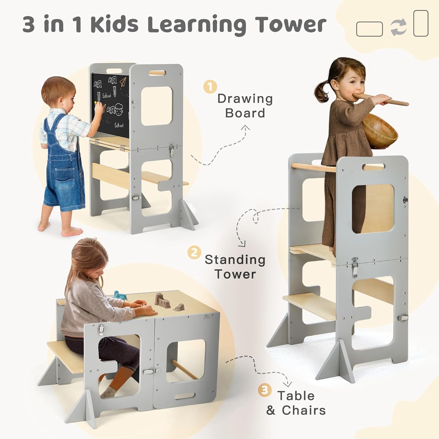 Thumbnail 1 de labebe Torre Montessori pieghevole 3 in 1 con lavagna, learning tower per bambini a partire da 1 anno (Grau)