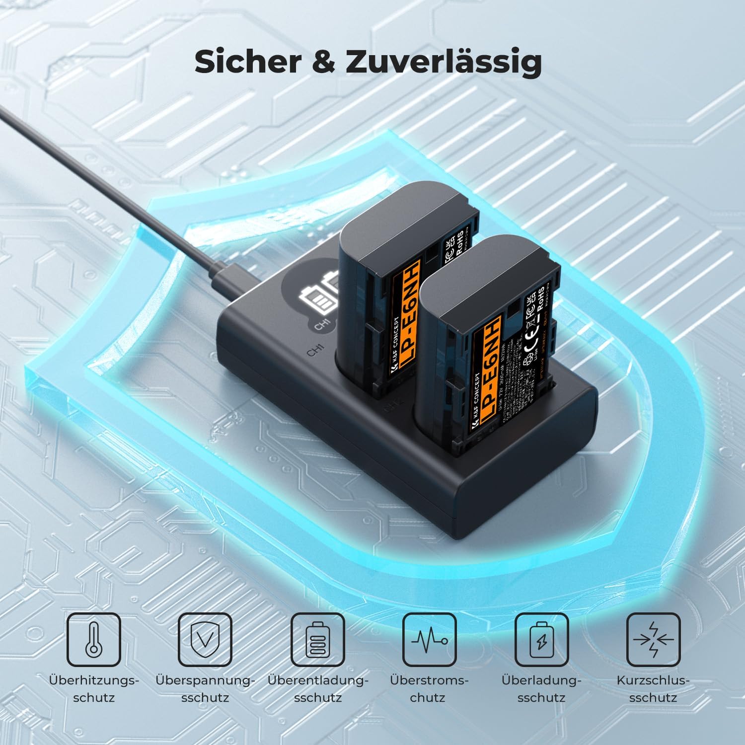 Detalle 2 de K&F CONCEPT LP-E6NH Akku-Set (2 × 2600 mAh) mit Ladegerät – kompatibel mit Canon EOS R/R5/R6/R7 und mehr