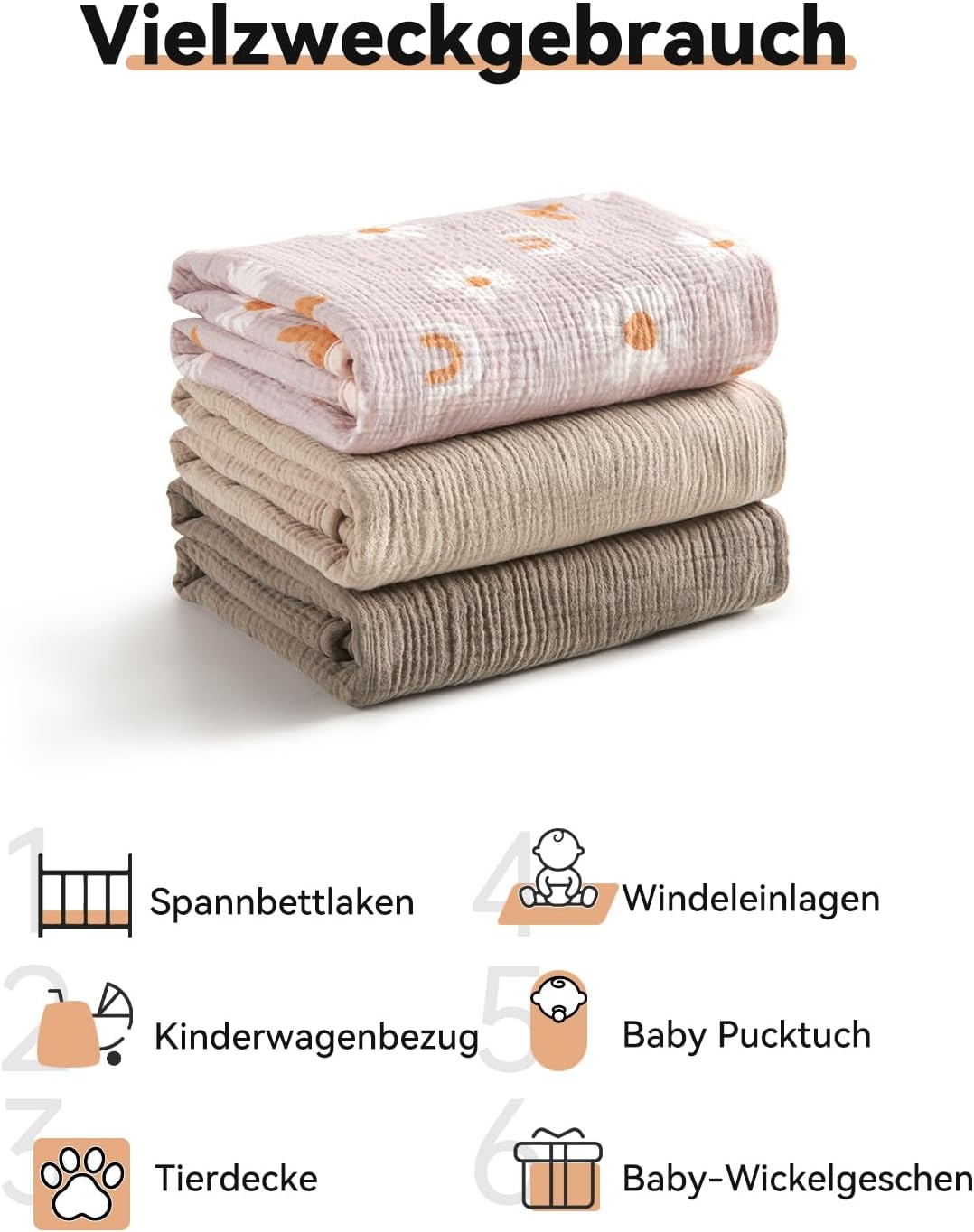 Detalle de TILLYOU 1er Set Musselin Decke 4-lagig – Baby-Pucktücher 75 × 100 cm, Grau-Beige