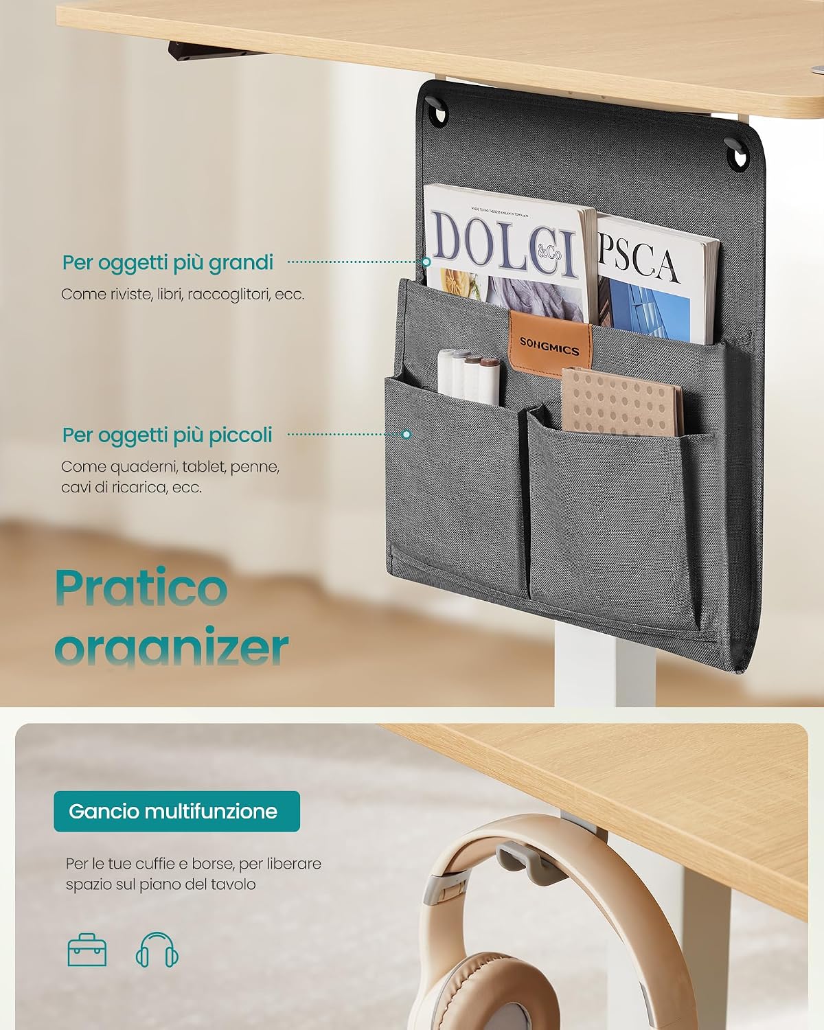 Detalle de SONGMICS Scrivania Regolabile in Altezza Elettrica 120 x 60 cm LSD132YA01: postazione sana con memoria 4 altezze e ricarica USB-C