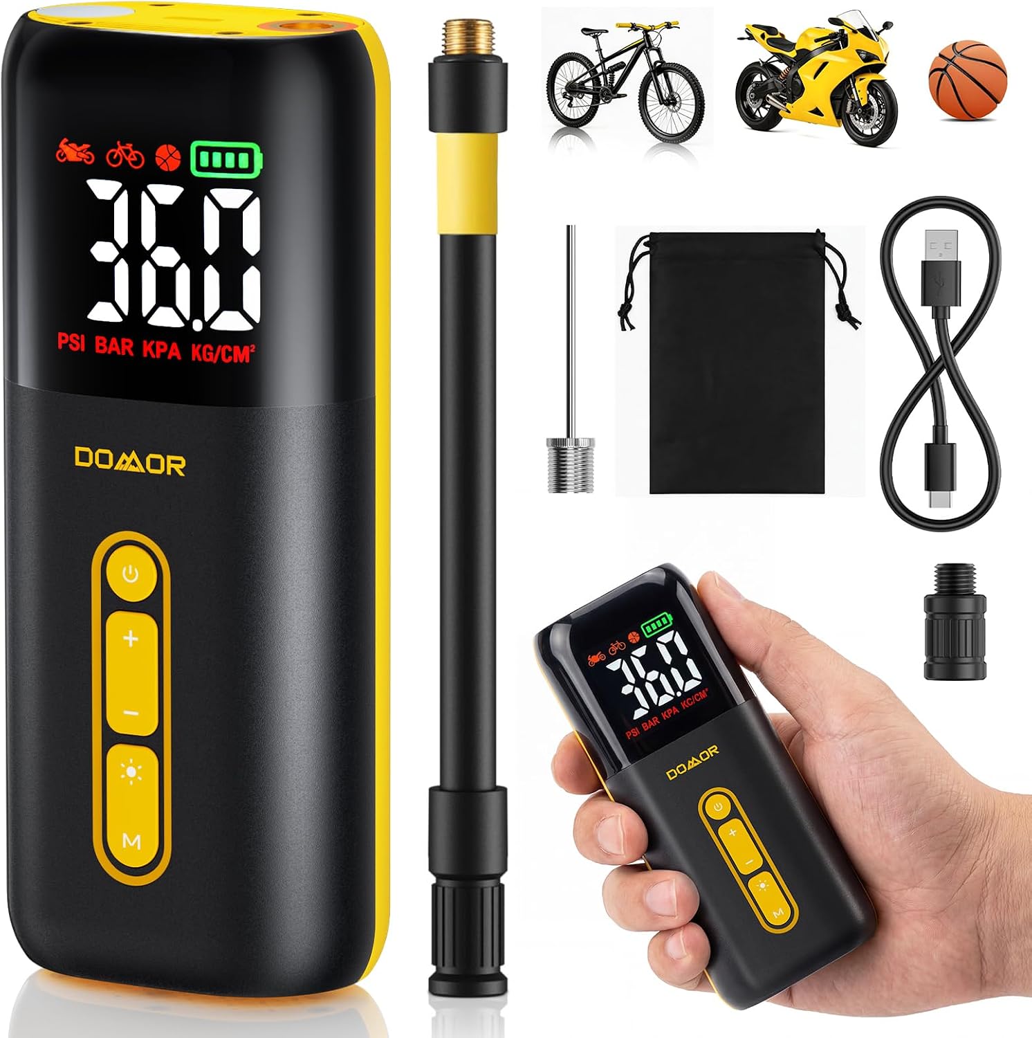 Detalle de DOMOR elektrische minifietspomp met automatische stop en ledlicht