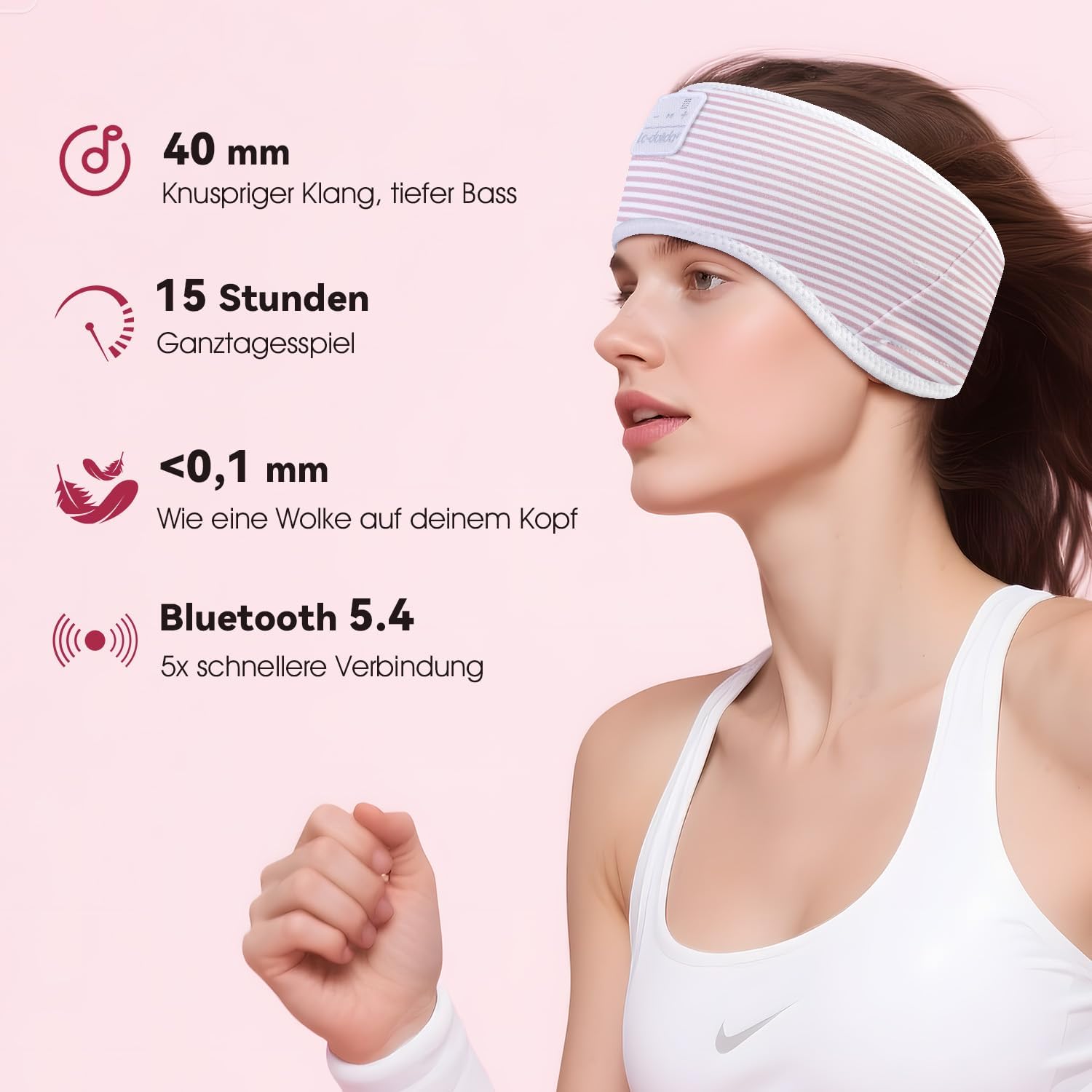 Detalle de LC-dolida Schlafkopfhörer Ultra-Soft Bluetooth-Stirnband: 6-in-1 Komfort für Musik, Schlaf & Fitness