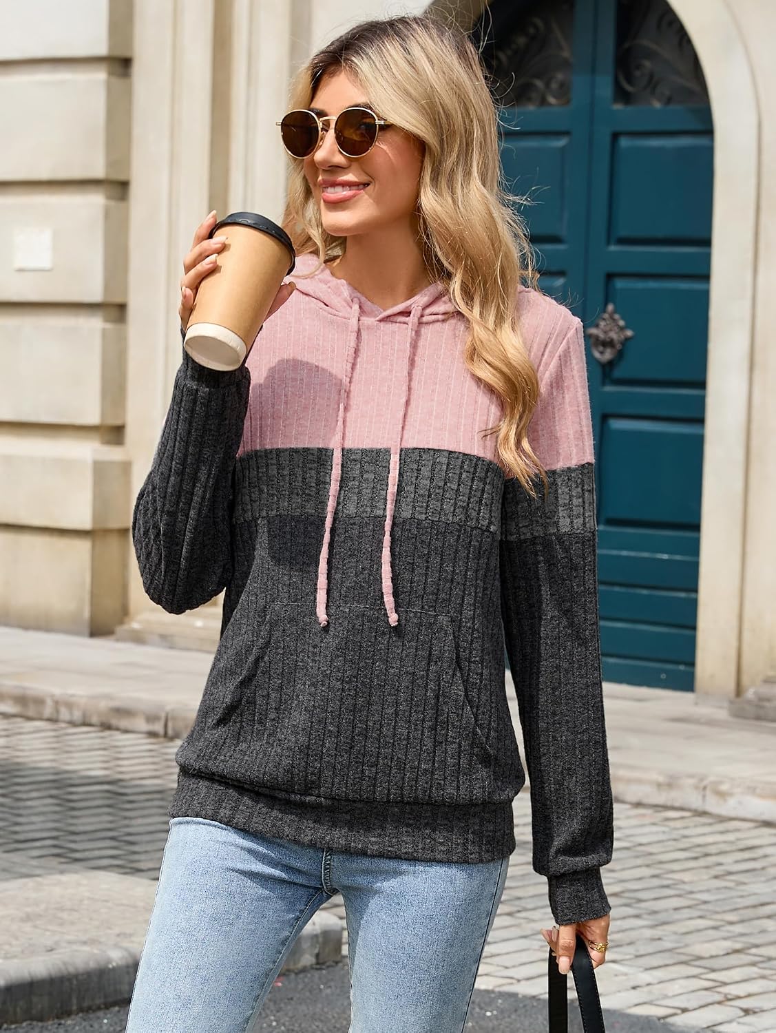 Thumbnail 1 de Famulily Knit Hoodie for Women UK – Colour Block Ribbed Jumper with Pocket