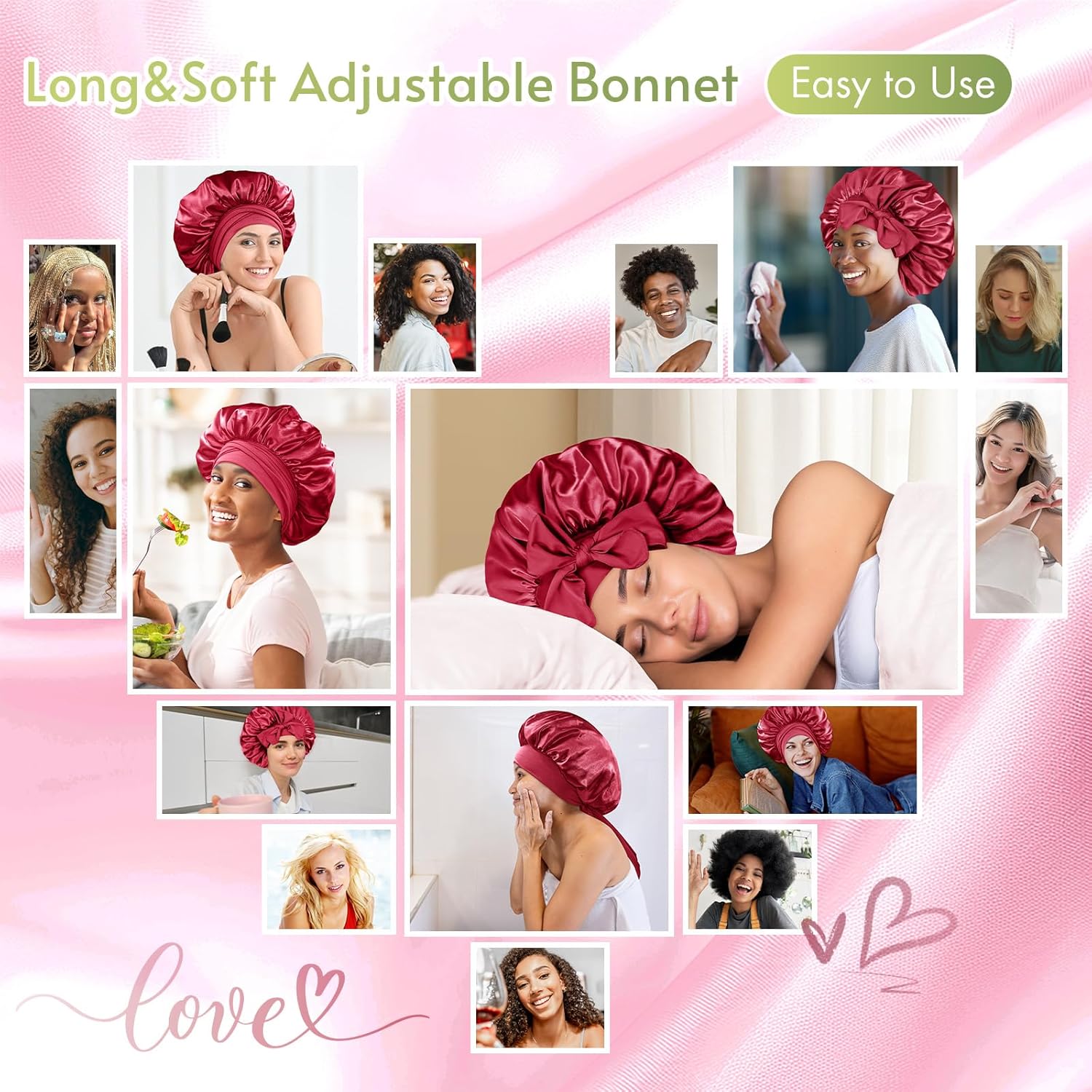 Thumbnail 3 de BONNET QUEEN Satin/Silk Sleep Bonnet with Adjustable Tie Band, Red Burgundy
